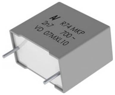 Rechteckiger grauer Kondensator mit zwei Metallleisten, gekennzeichnet mit „R74 MKP 2n7 700- VD07MXL10