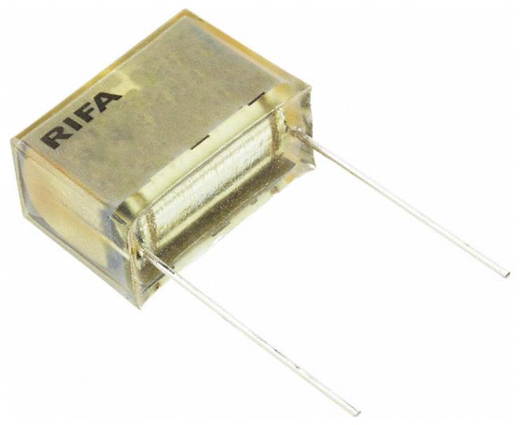 Eine rechteckige elektronische RIFA-Komponente mit zwei vorstehenden Metalldrähten, wahrscheinlich ein Kondensator, verwendet in elektronischen Schaltungen.