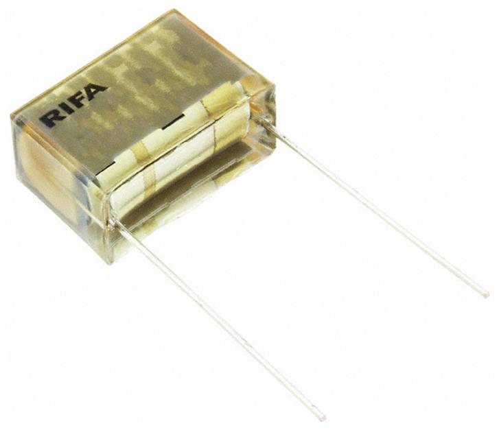 Ein rechteckiger elektronischer Kondensator mit zwei Metalldrähten, gekennzeichnet mit „RIFA