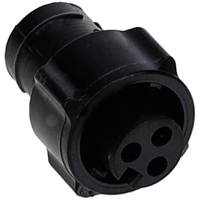 Ein schwarzer, zylindrischer Automobilstecker mit drei kreisförmigen Stiften, der für elektrische Verbindungen in Fahrzeugen verwendet wird.