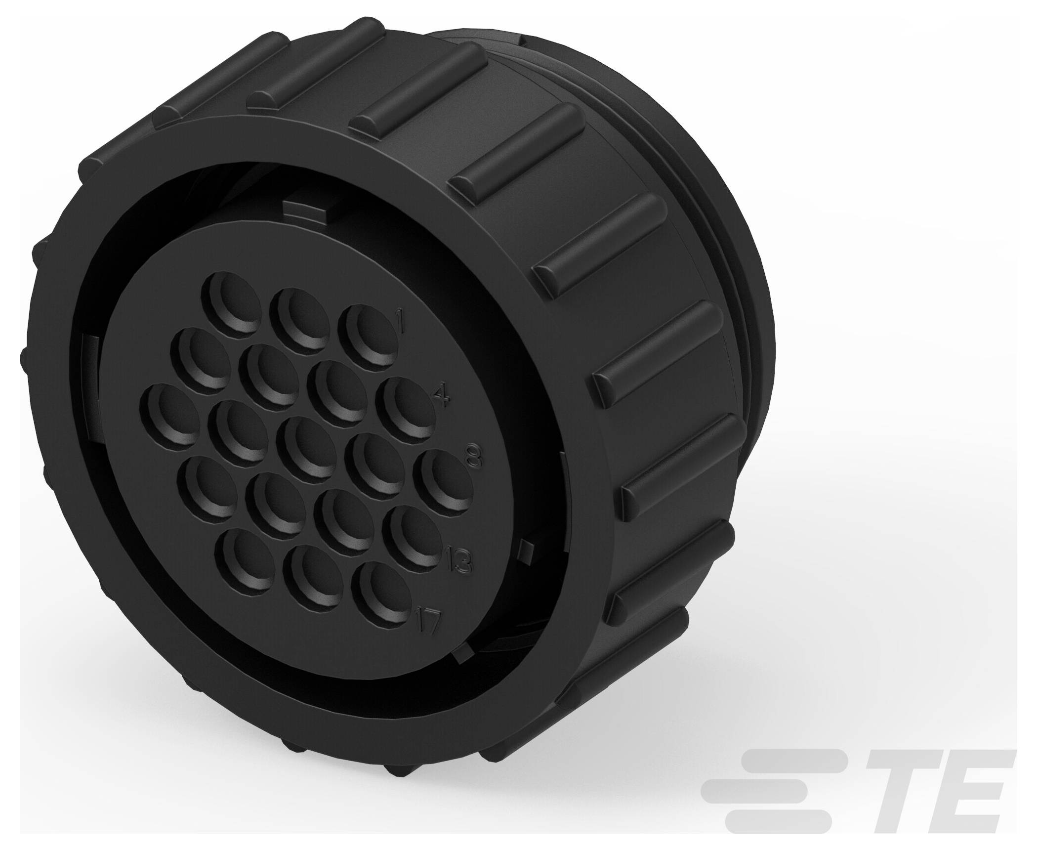 Ein schwarzer zylindrischer Stecker mit einem Lochgitter für Stifte, das für elektronische oder mechanische Anwendungen verwendet wird. Das 