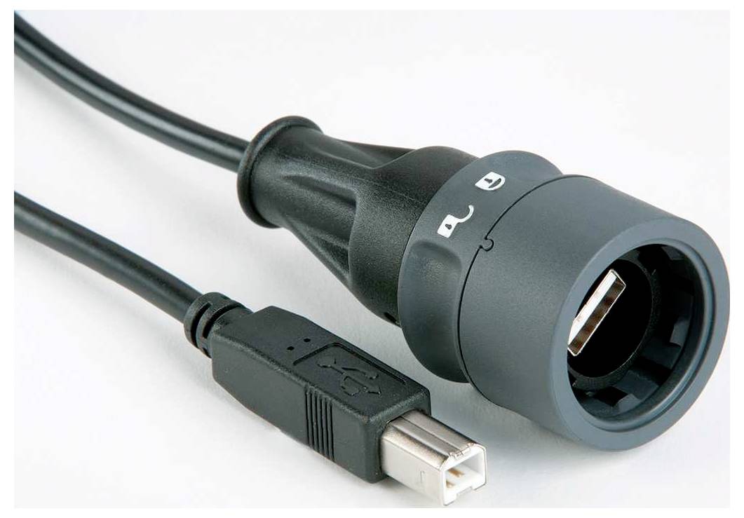 Ein schwarz-grau gestreiftes USB-Kabel mit USB-A-Stecker auf der einen Seite und USB-B-Stecker auf der anderen Seite, verwendet für die Datenübertragung.