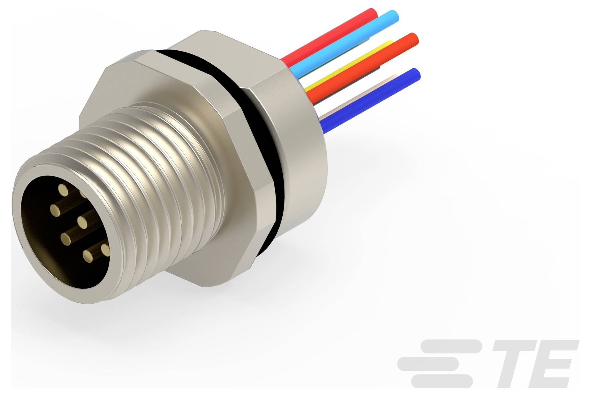 Ein metallischer runder Stecker mit vier farbigen Drähten (rot, blau, gelb, schwarz), die von der Rückseite abstehen, gekennzeichnet mit dem 