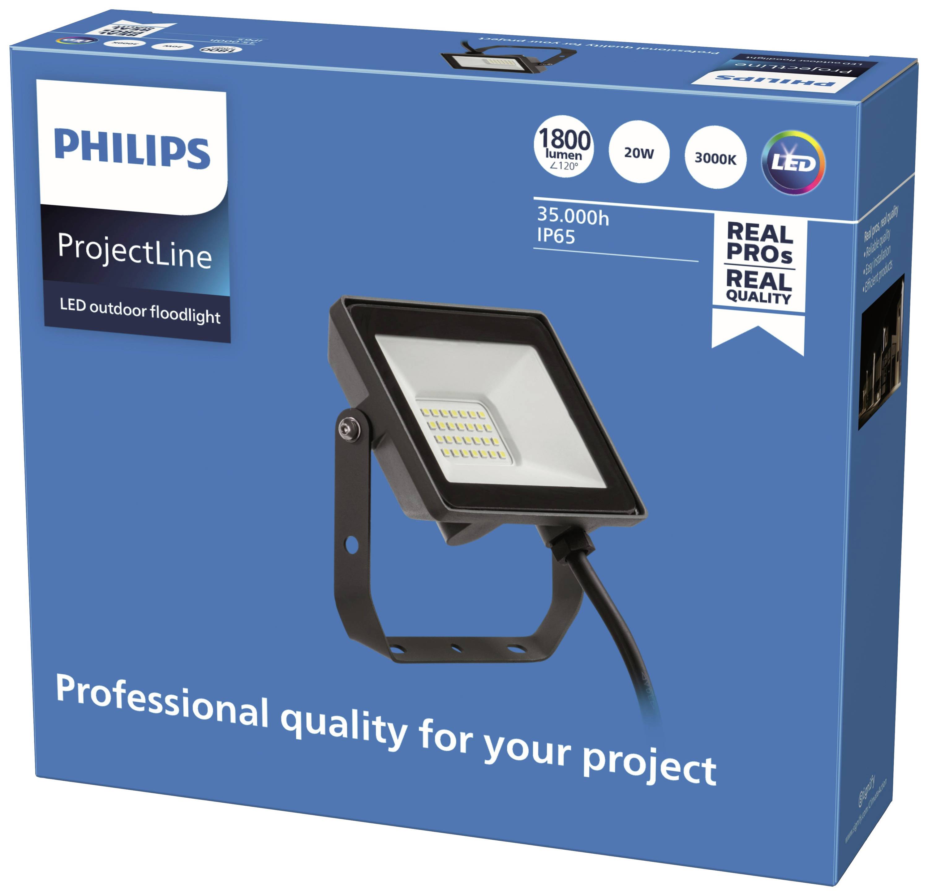 Blauer Karton mit einem LED-Außenstrahler von Philips, 1800 Lumen, 20W, 3000K, IP65. Text: 'Professional quality for your project'.