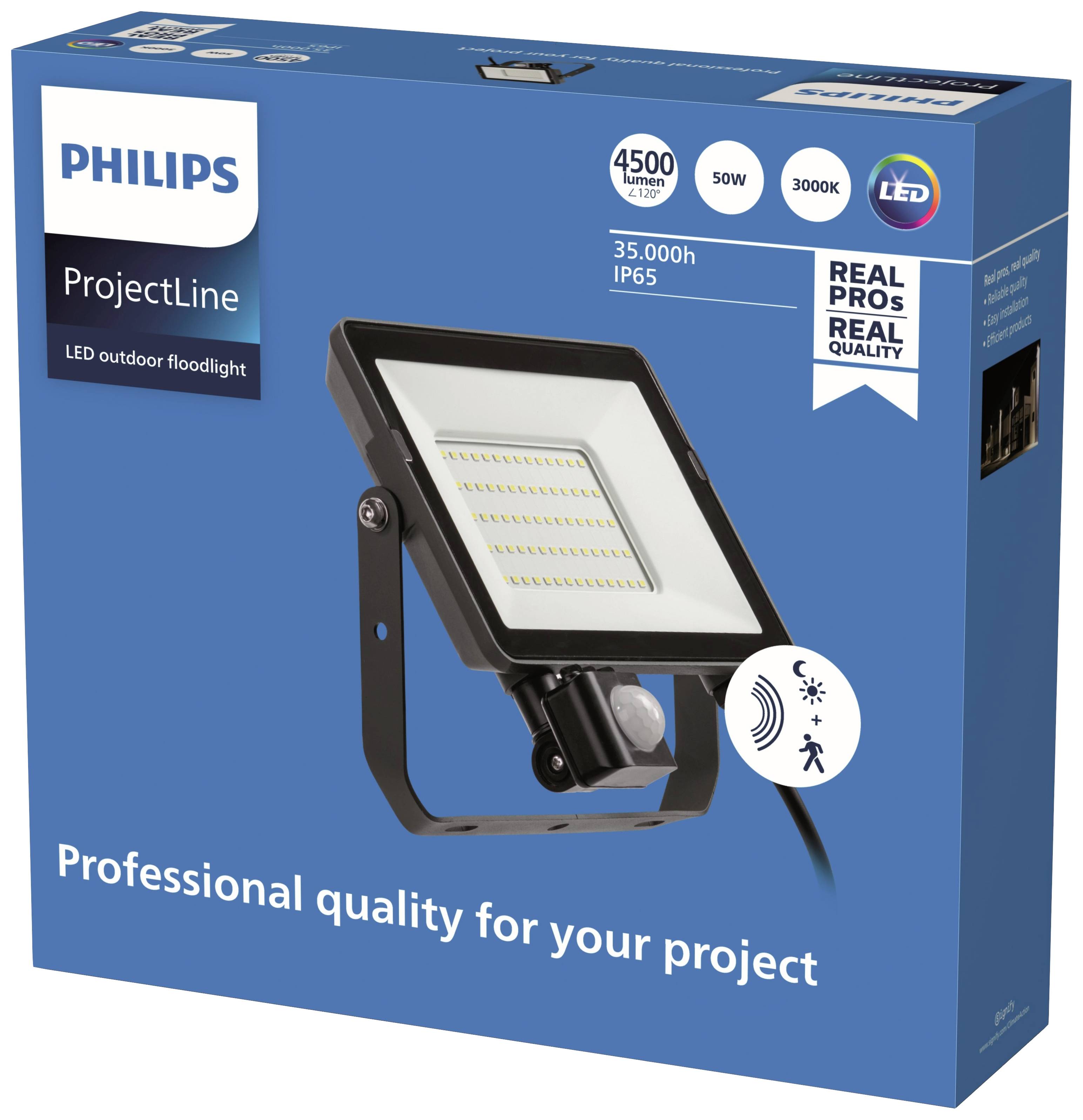 Eine Philips LED-Flutlicht-Verpackung, zeigt 4500 Lumen, 50W, 3000K, 35.000 h Lebensdauer, IP65-Schutz, 'Professional quality for your project'.
