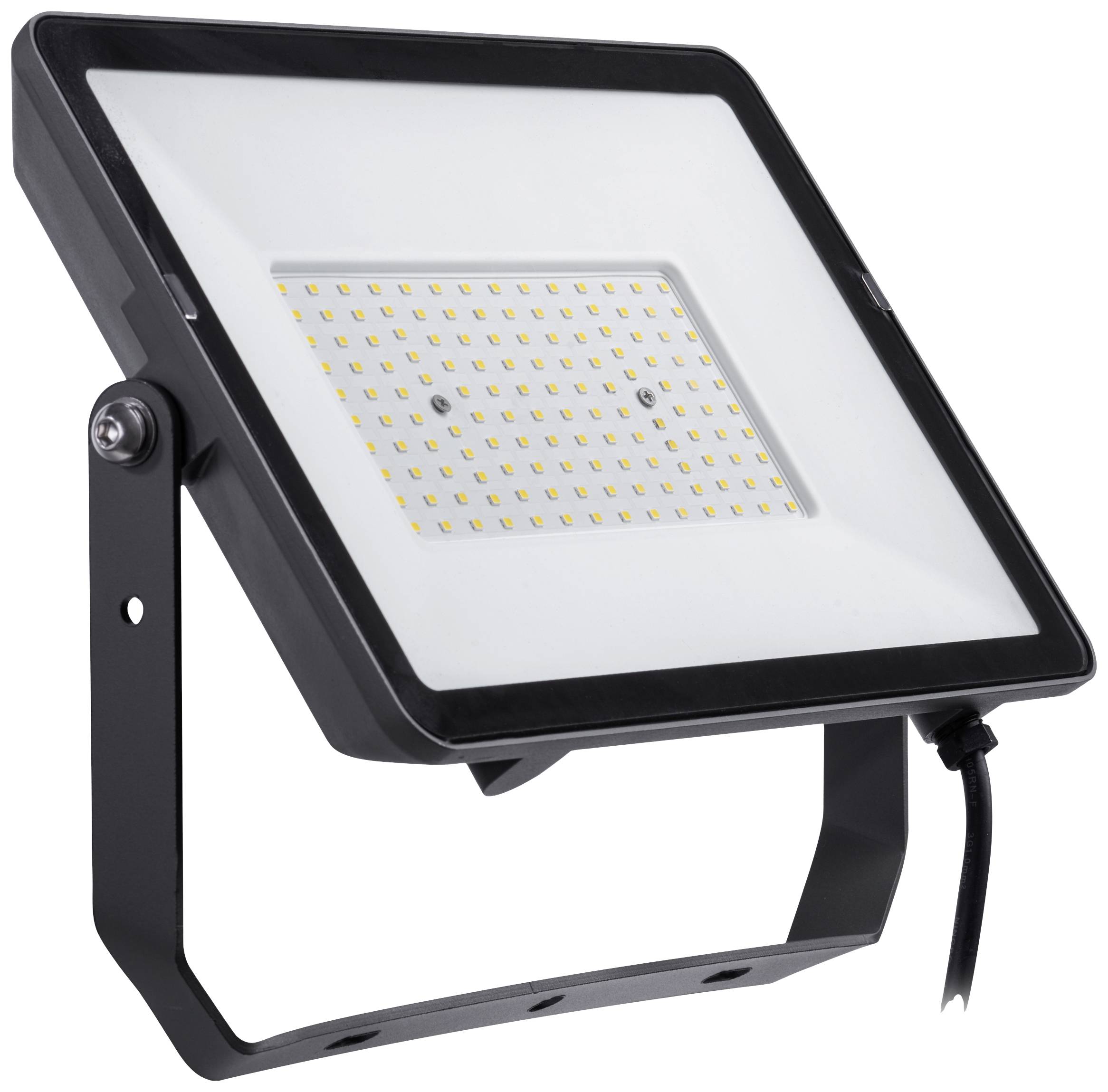 Ein rechteckiger LED-Strahler mit schwarzem Rahmen und Standfuß, geeignet zur Außenbeleuchtung und energieeffizienten Ausleuchtung.