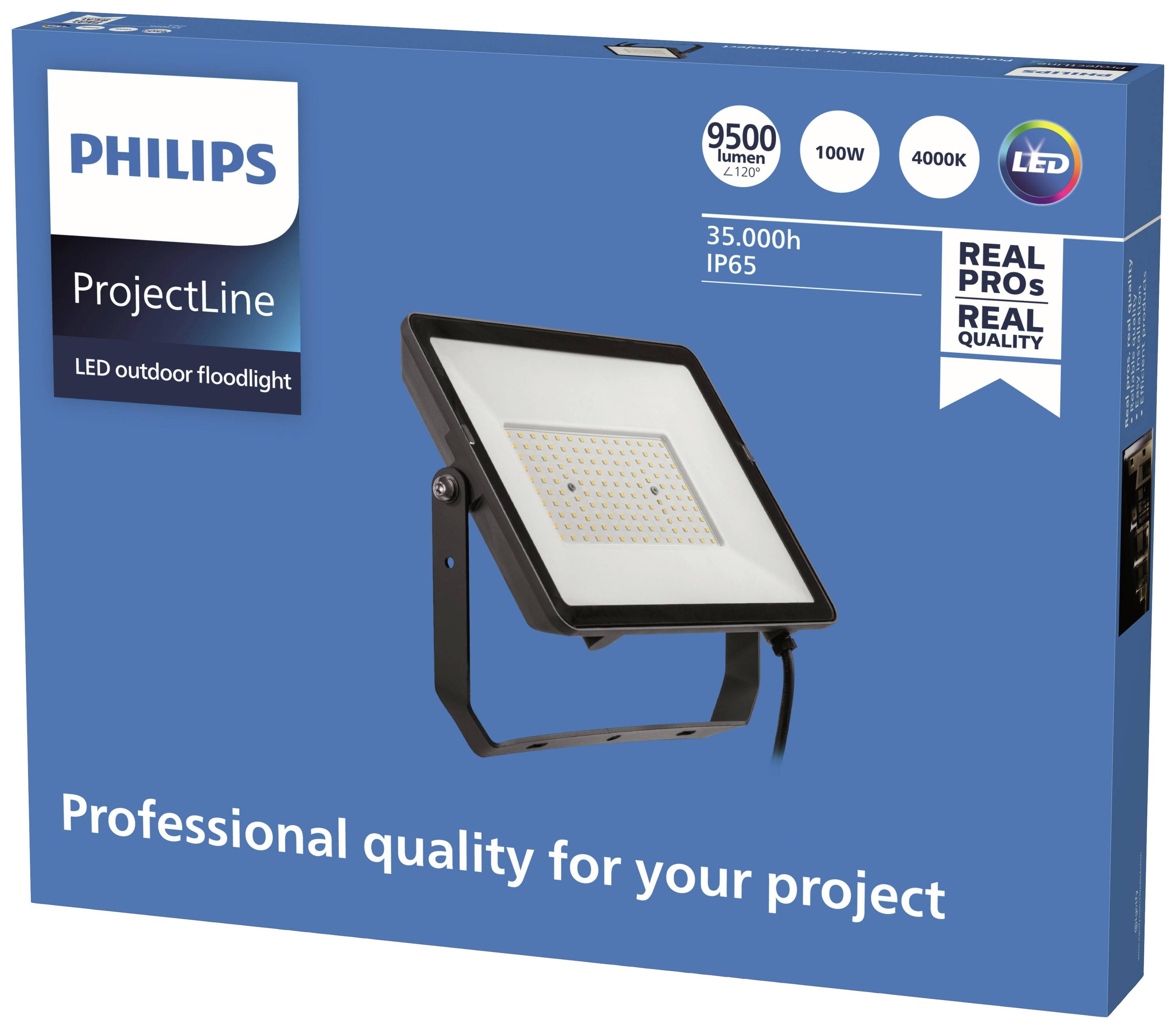 Verpackung einer Philips LED-Außenleuchte mit 9500 Lumen, 100W, 4000K. Eigenschaften: 35.000h Lebensdauer, IP65-Schutz.