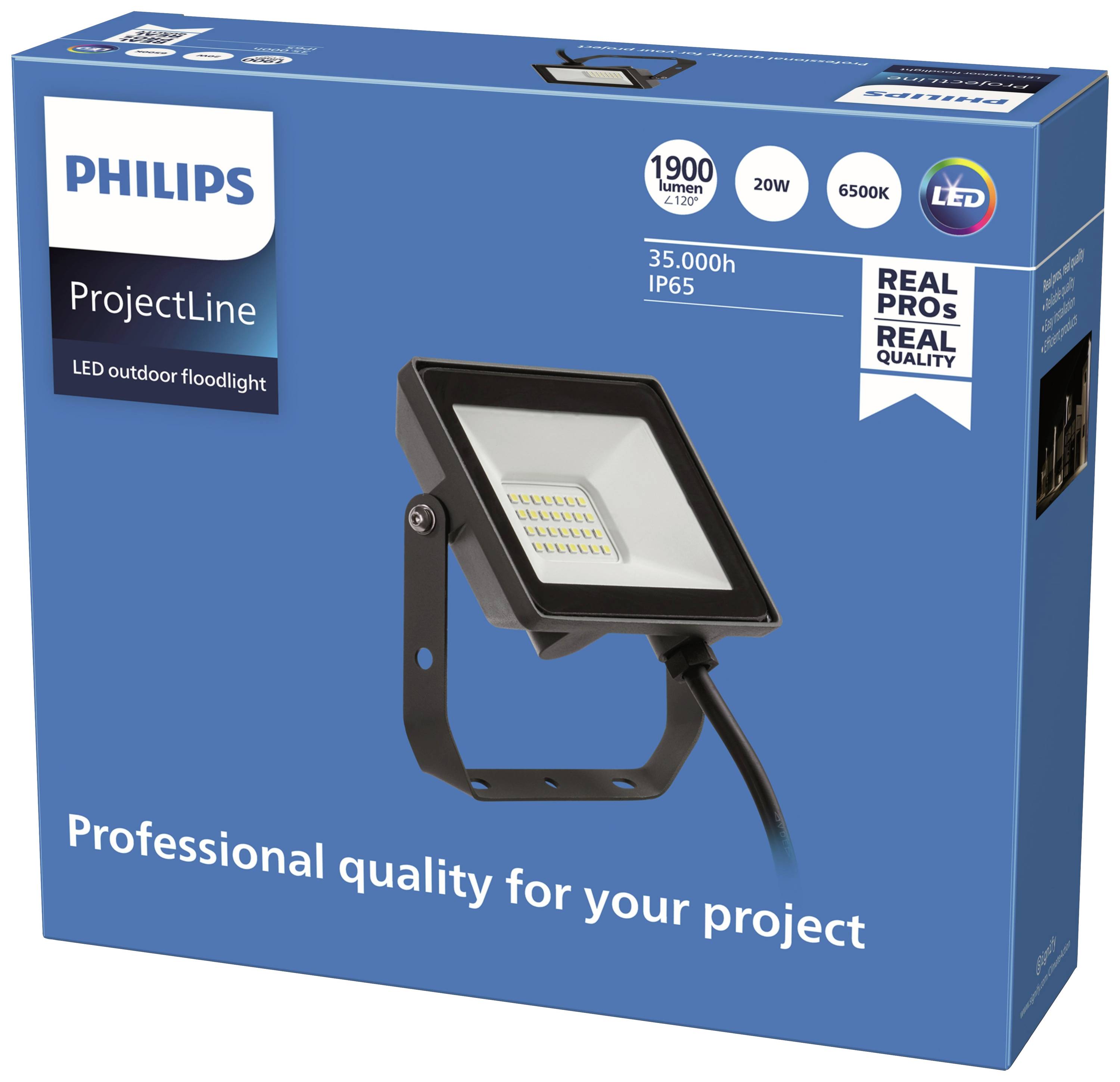 'Philips ProjectLine' Verpackung für LED-Außenstrahler, 1900 Lumen, 20W, 6500K, IP65, 35.000 Stunden. Slogan: 'Professional quality for your project'.