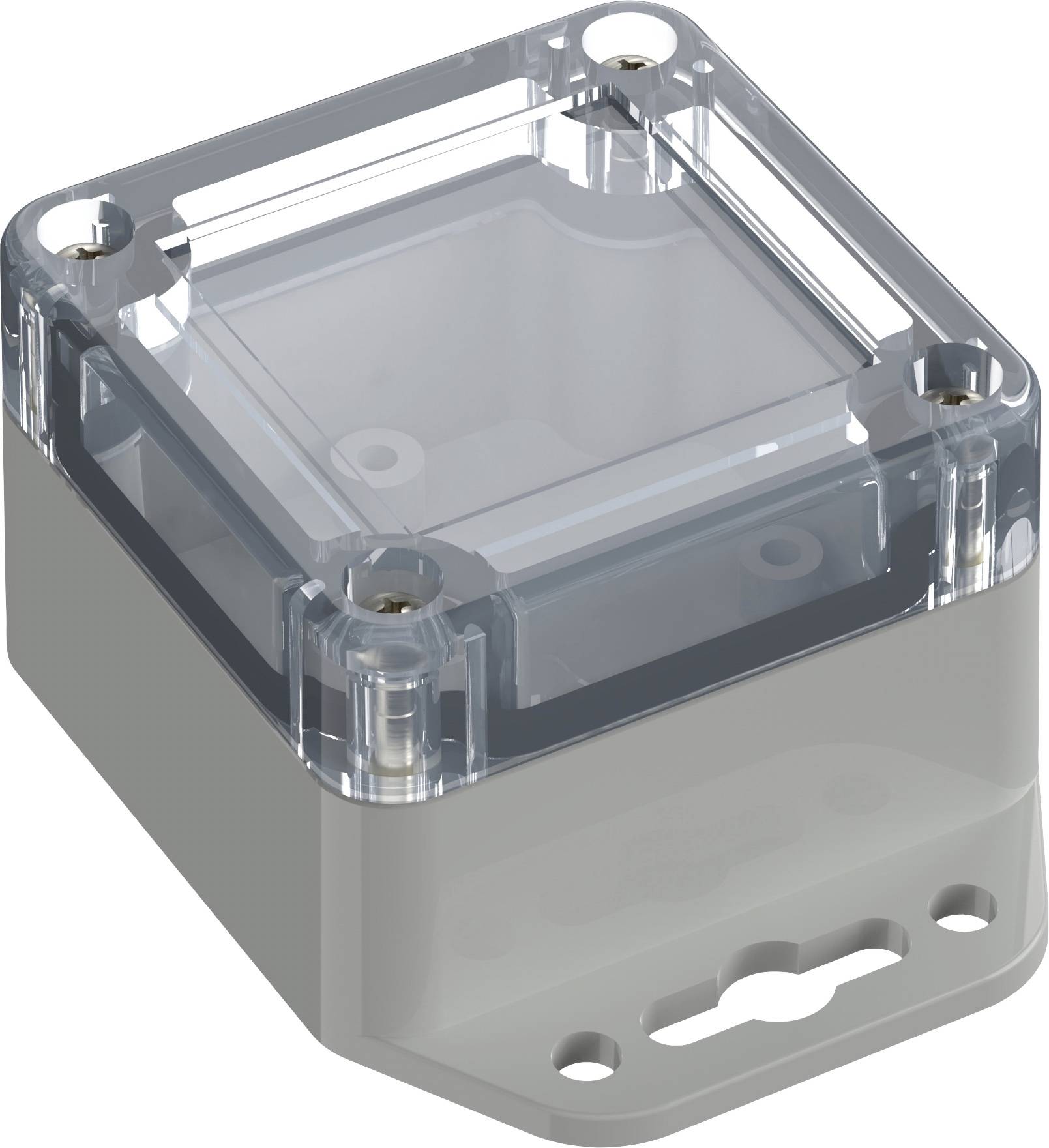 Ein transparentes Elektronikgehäuse mit grauer Basis, ideal zum Schutz von Geräten, Schraubverschlüsse an jeder Ecke.