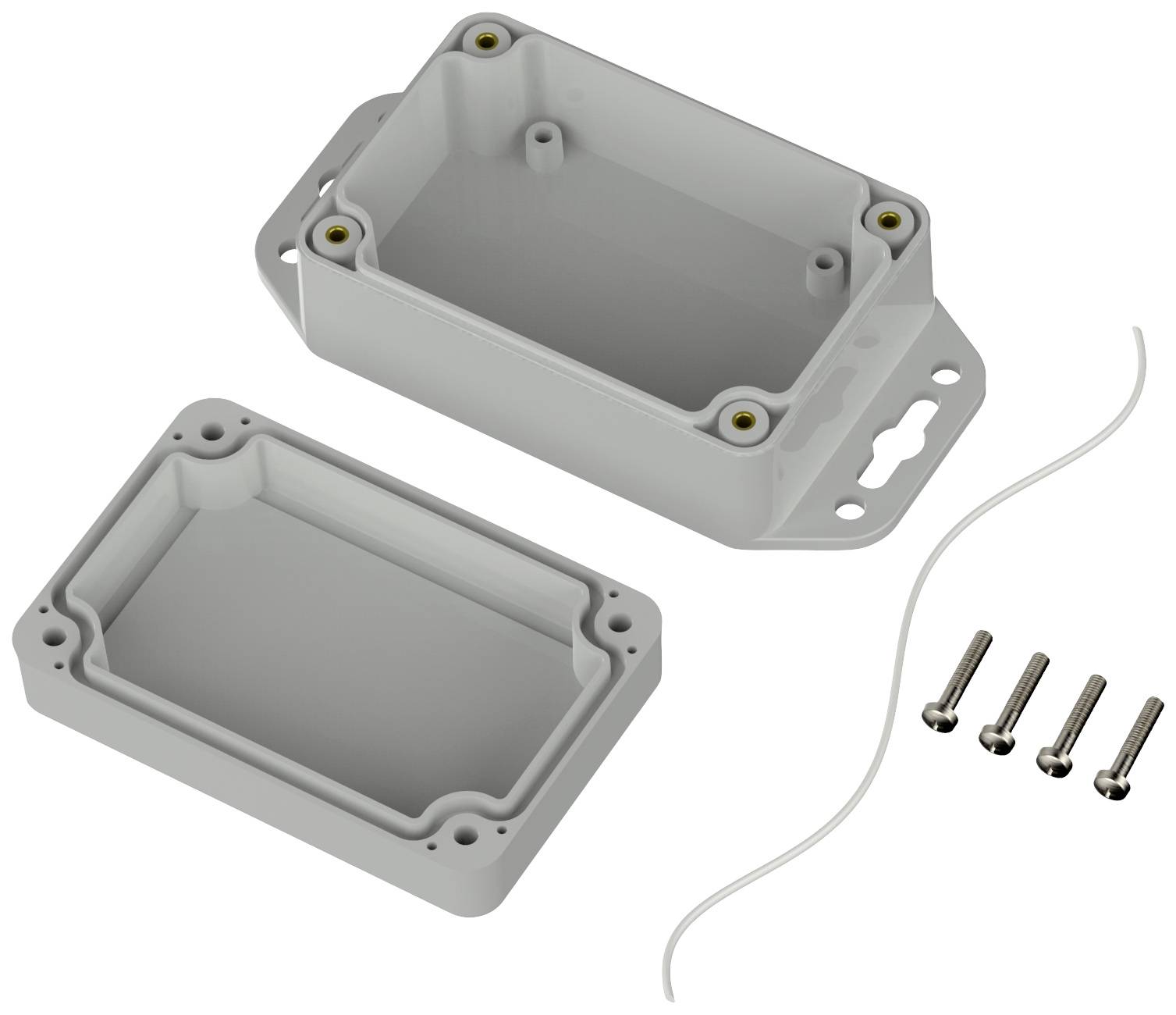 Rechteckiges Plastikgehäuse, geöffnet, mit Schrauben und Dichtungsschnur. Geeignet für elektronische Projekte.