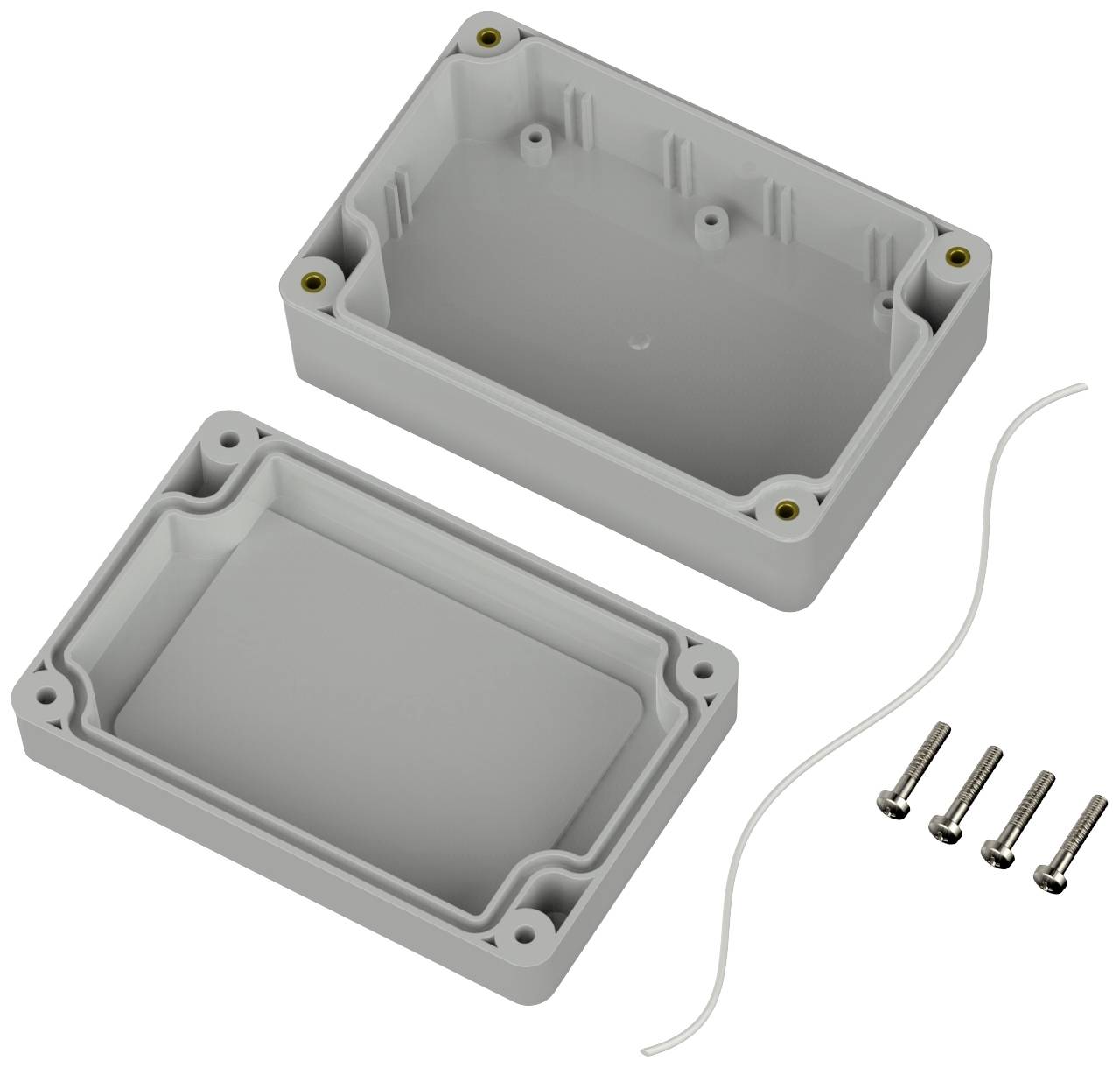 Gehäusekasten aus zwei Teilen, geöffnet, mit Schrauben und Dichtungsring. Geeignet zur Aufnahme von elektronischen Komponenten.