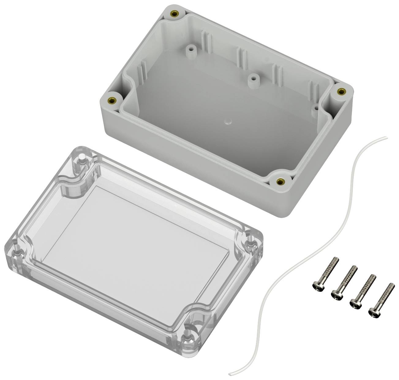 Eine graue Kunststoffbox mit abnehmbarem durchsichtigen Deckel, vier Schrauben und einem weißen Dichtungsring, zur Elektronikaufbewahrung.
