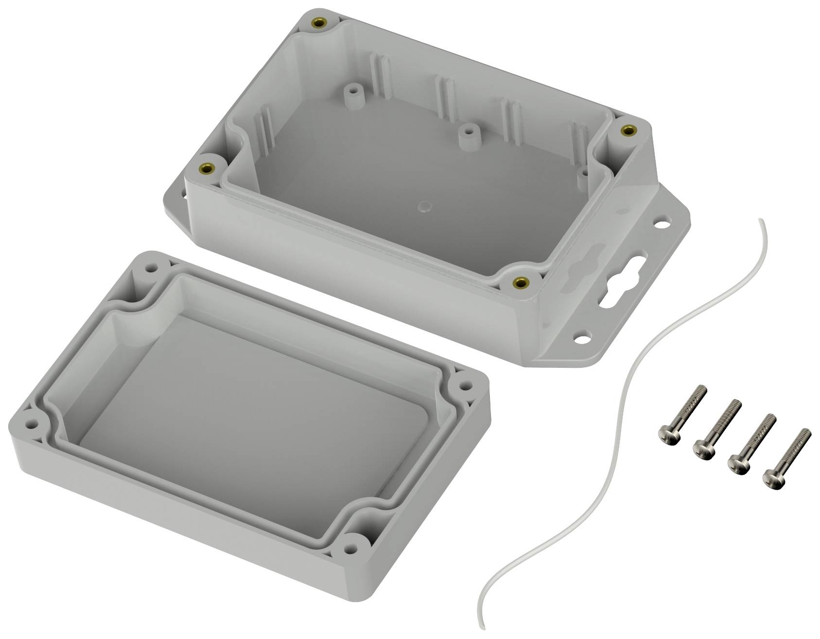 Gehäuse aus grauem Kunststoff, bestehend aus einem abnehmbaren Deckel und vier Schrauben. Ideal zur Aufbewahrung von Elektronikkomponenten.