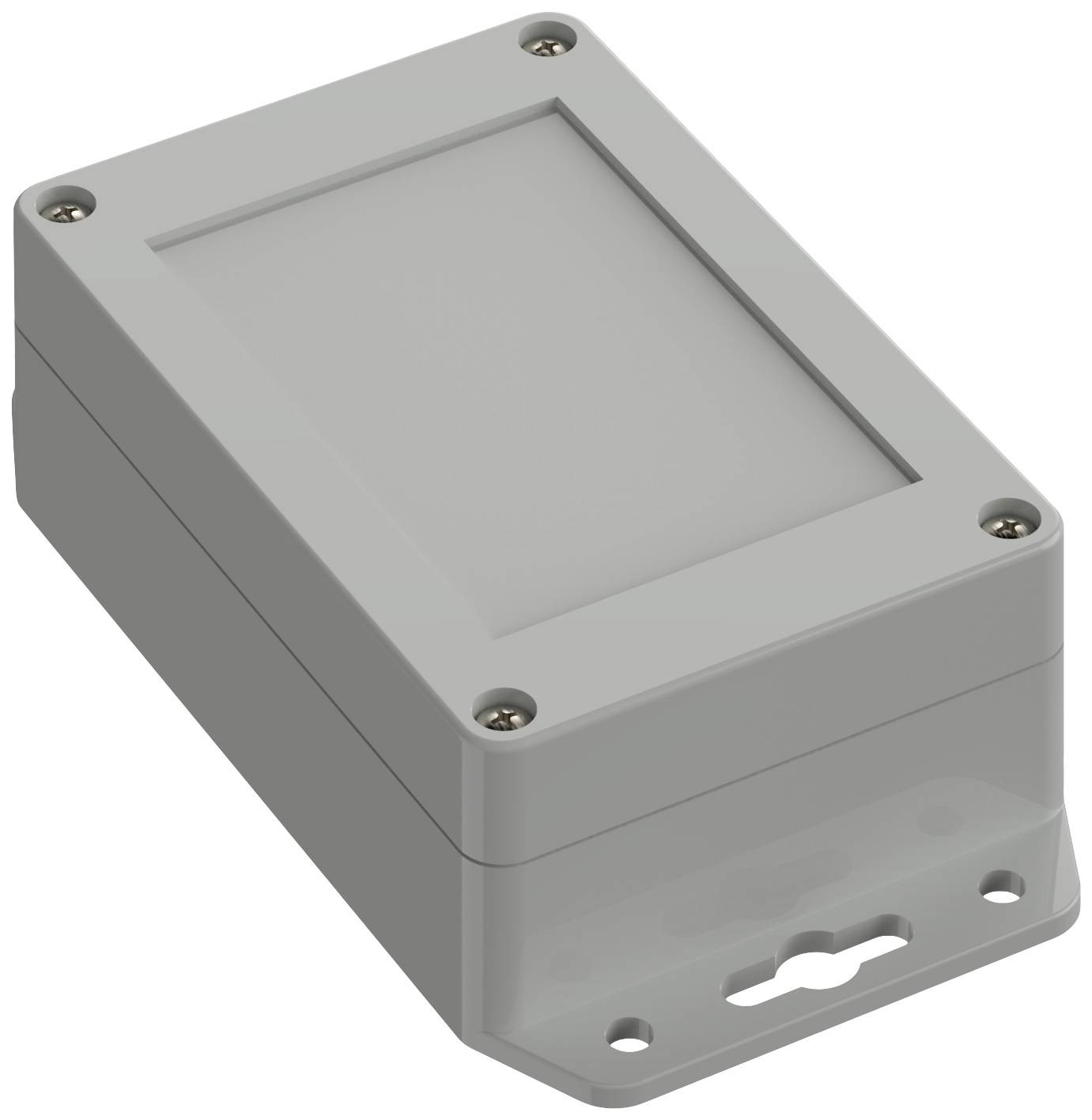 Graues, rechteckiges Gehäuse mit glatter Oberfläche und Schrauben an den Ecken. Es scheint für elektronische Komponenten vorgesehen zu sein.