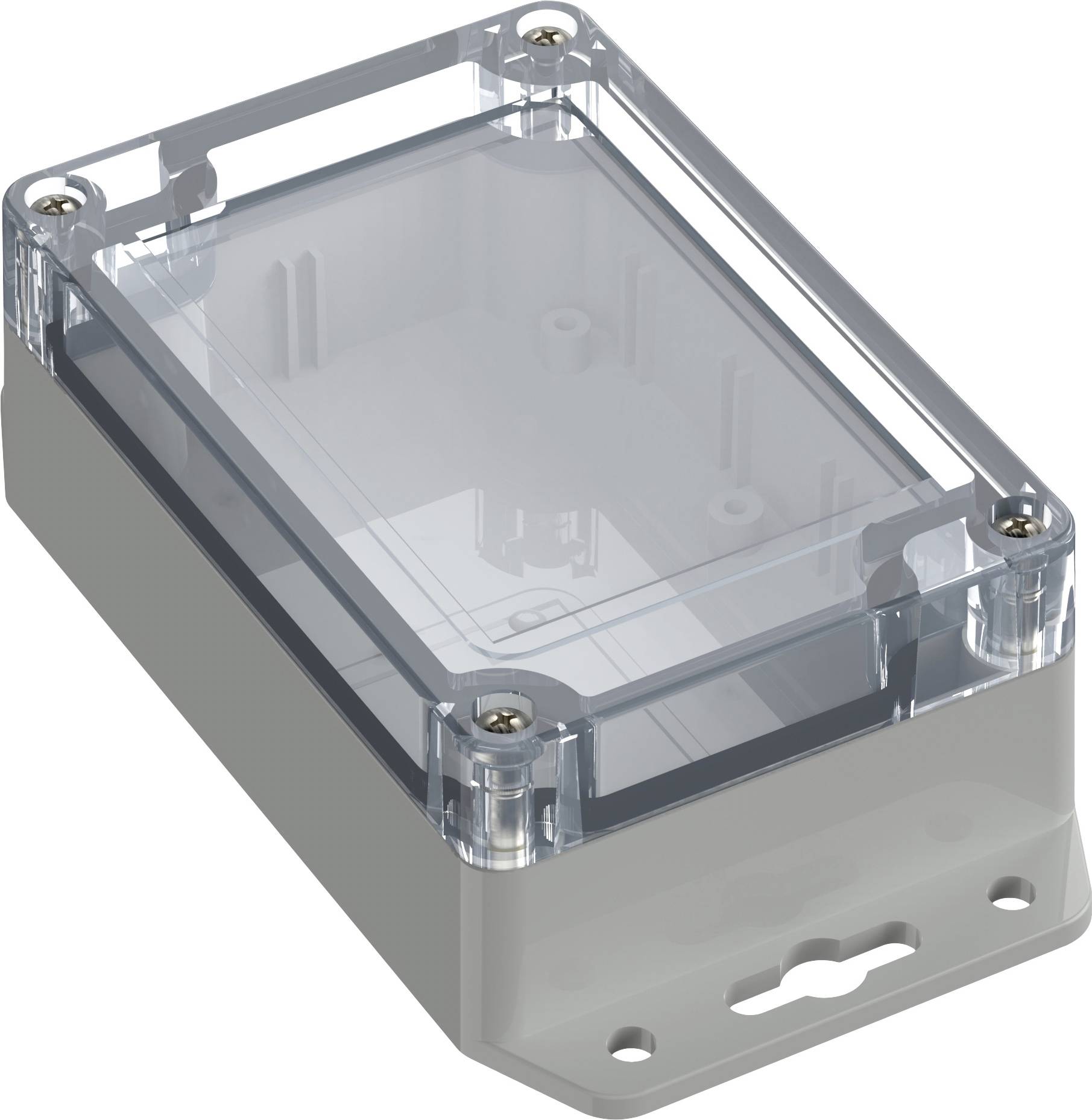 Ein rechteckiges, durchsichtiges Kunststoffgehäuse mit grauem Boden, geeignet für den Schutz elektronischer Komponenten vor äußeren Einflüssen.