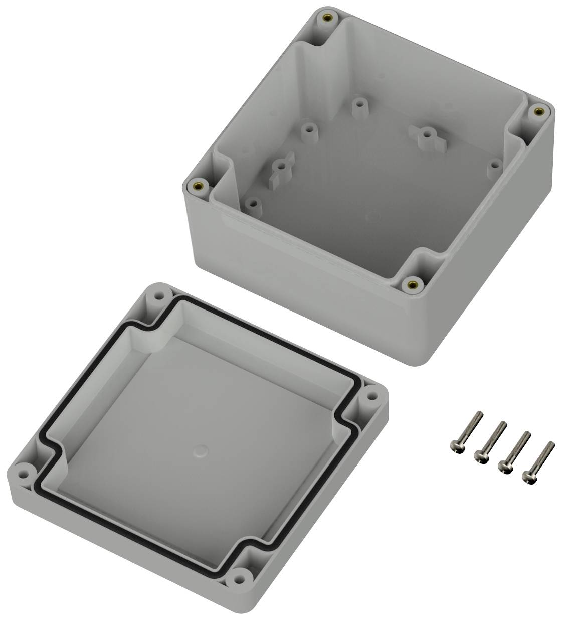 Grau Kunststoff-Gehäuse mit abnehmbarem Deckel und vier Schrauben, geeignet für Elektronikmontage.