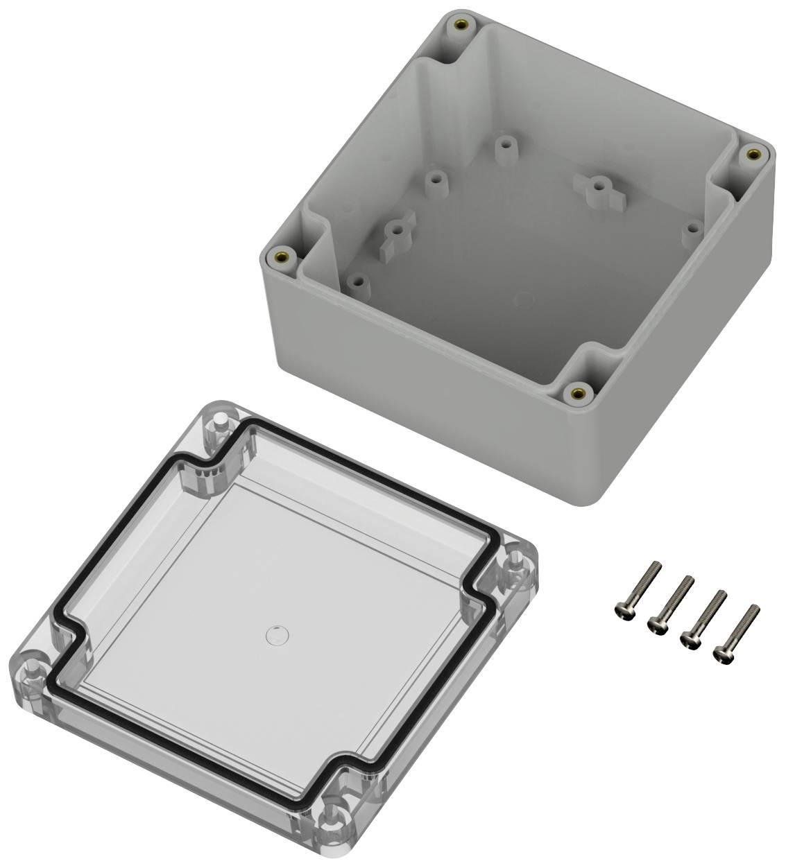 Gehäuse mit abnehmbarem, durchsichtigen Deckel und vier Metallschrauben, geeignet für elektronische Bauteile oder Projekte.