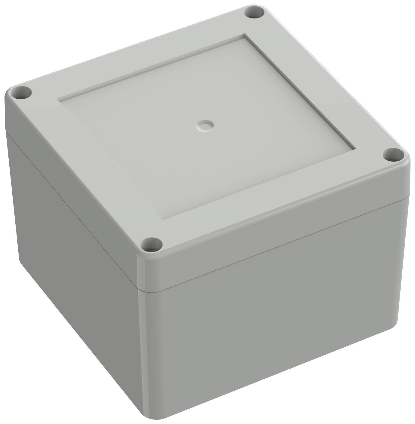Graues, quadratisches Gehäuse mit abnehmbarem Deckel und vier Schrauben an den Ecken, geeignet für elektronische Bauteile.