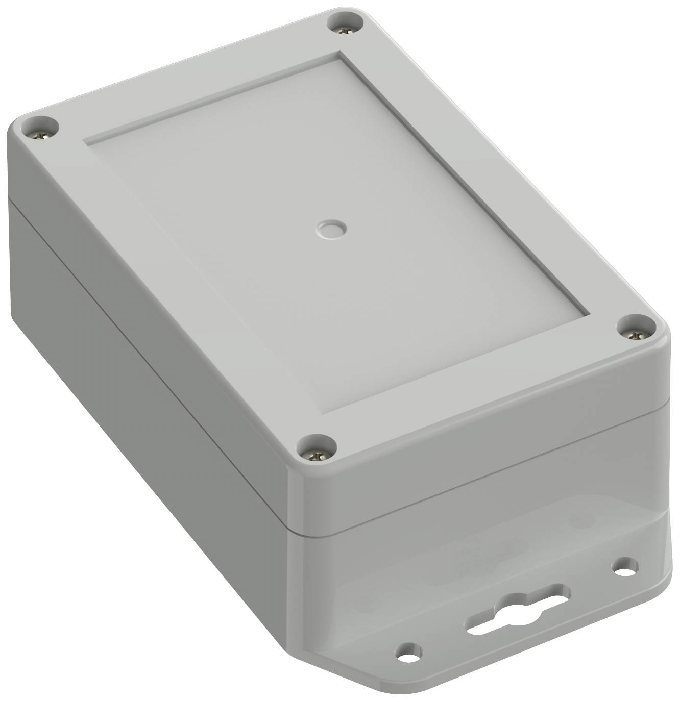 Rechteckiges graues Gehäuse mit Schrauben an den Ecken, geeignet für Elektronik, mit Bohrlöchern zur Wandmontage.