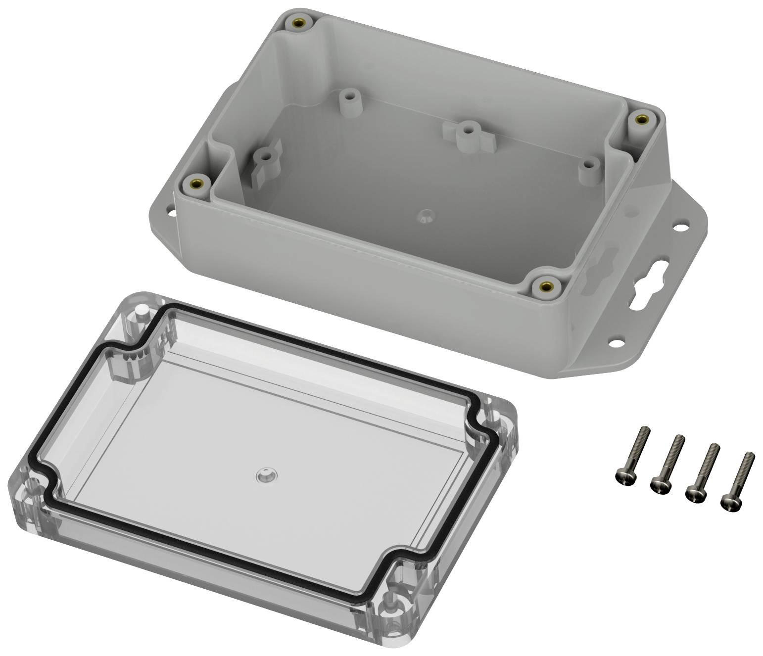 Gehäuse mit abnehmbarem Kunststoffdeckel und vier Schrauben, geeignet zur sicheren Aufbewahrung von Elektronikkomponenten.