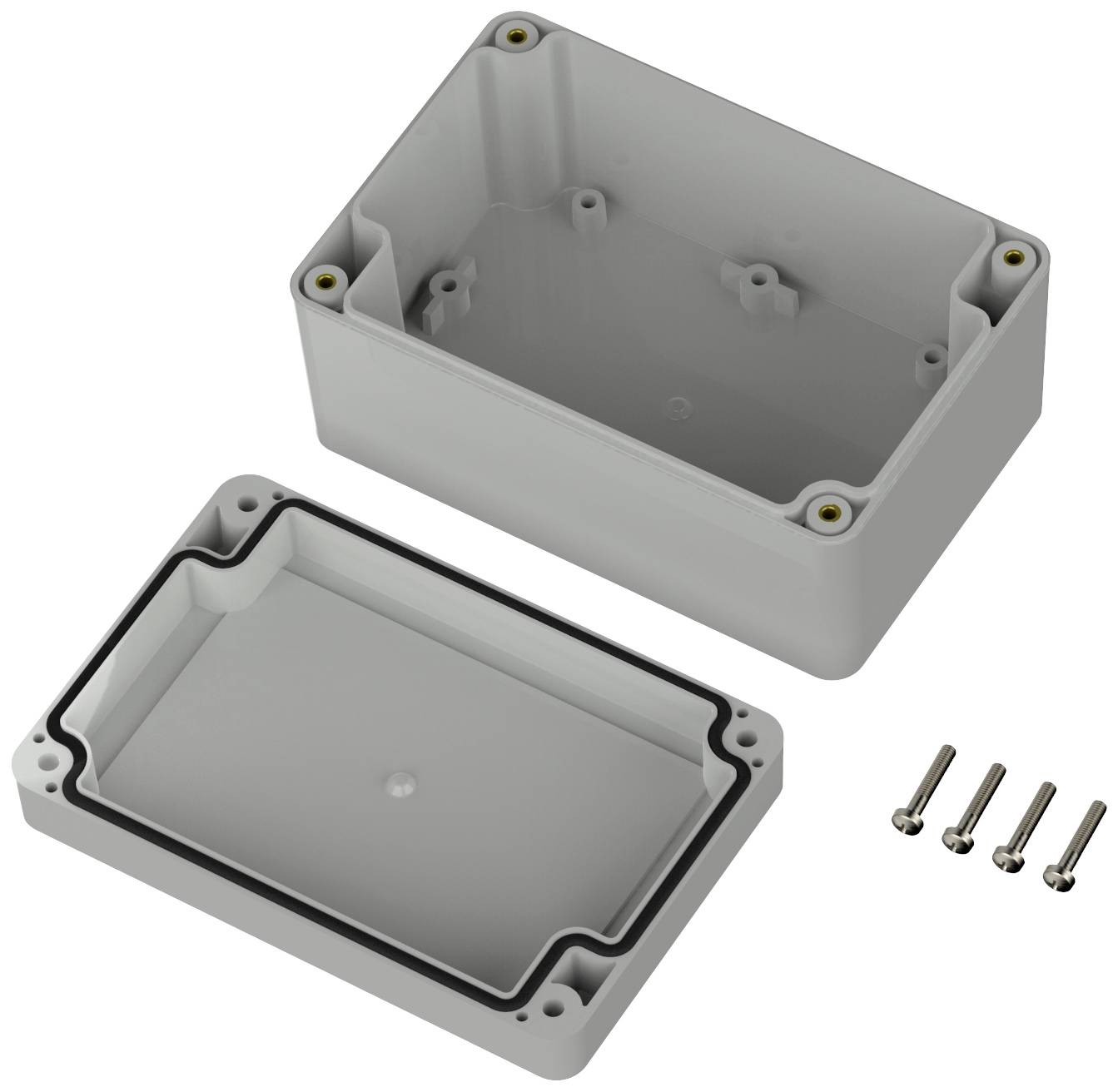Gehäuse aus Kunststoff mit abnehmbarer Oberseite und vier dazugehörigen Schrauben, ideal zur sicheren Elektroniklagerung.