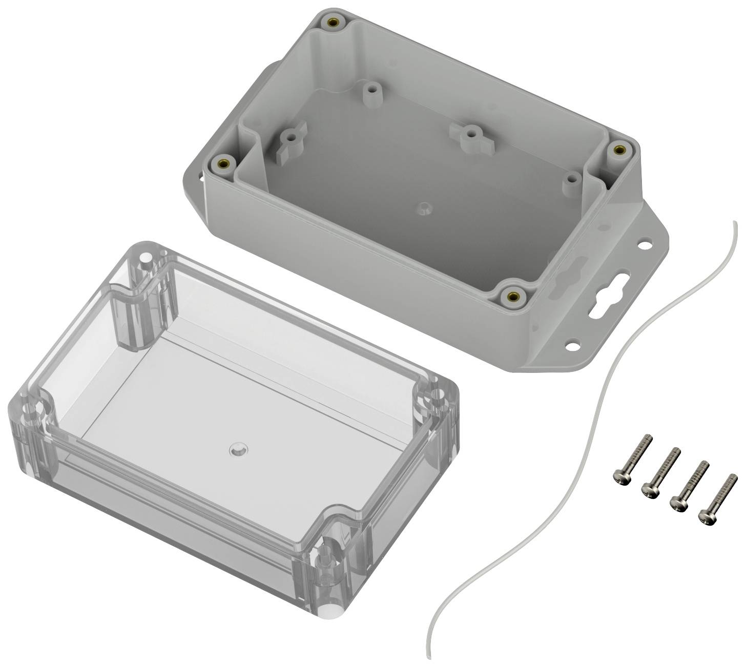 Gehäuse mit abnehmbarer transparenter Abdeckung, 4 Schrauben und Dichtungsschnur, geeignet für den Schutz elektronischer Komponenten.