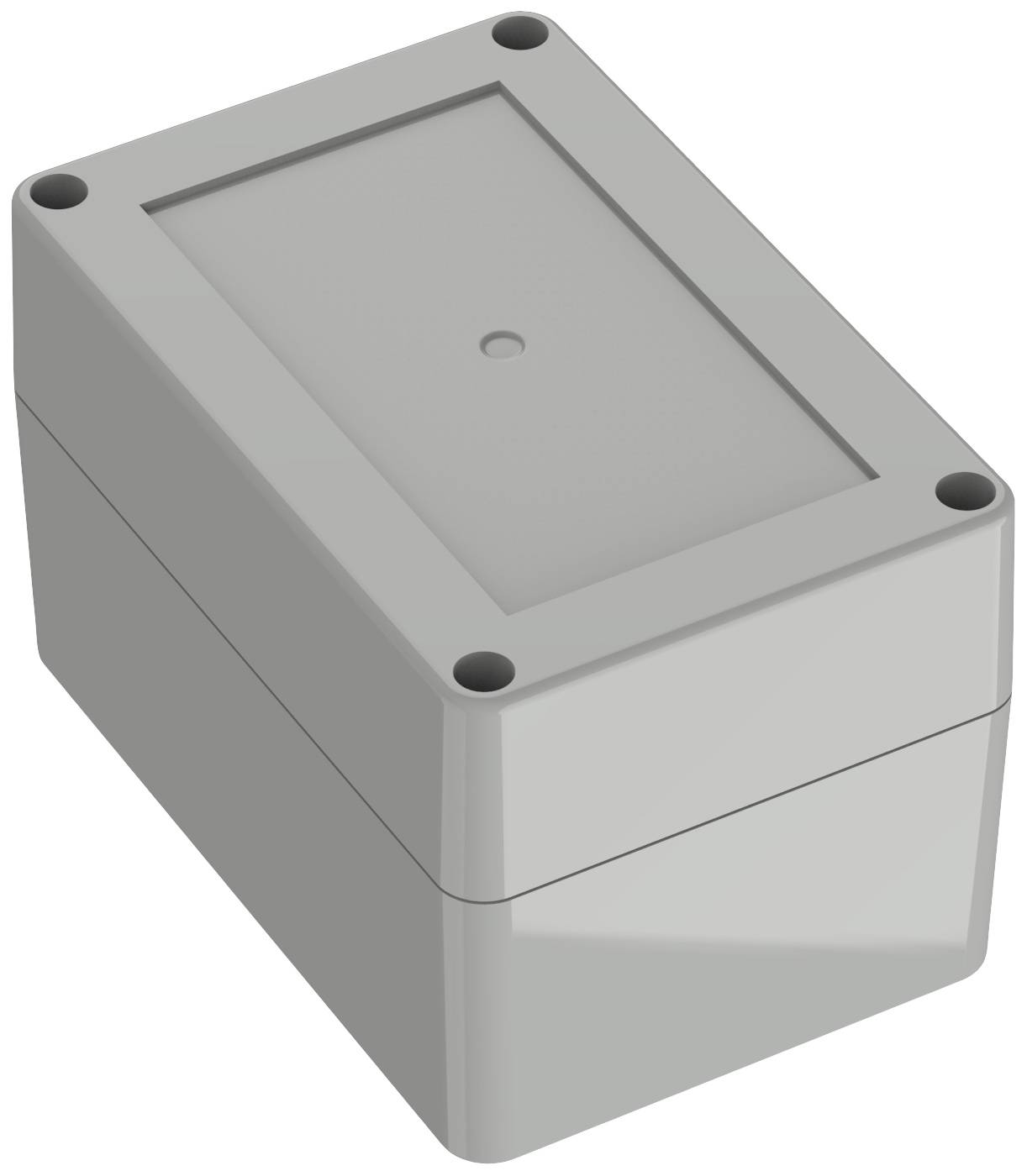 Rechteckiges graues Gehäuse mit abnehmbarer Abdeckung und vier Schraublöchern an den Ecken, geeignet für Elektronikbauteile.