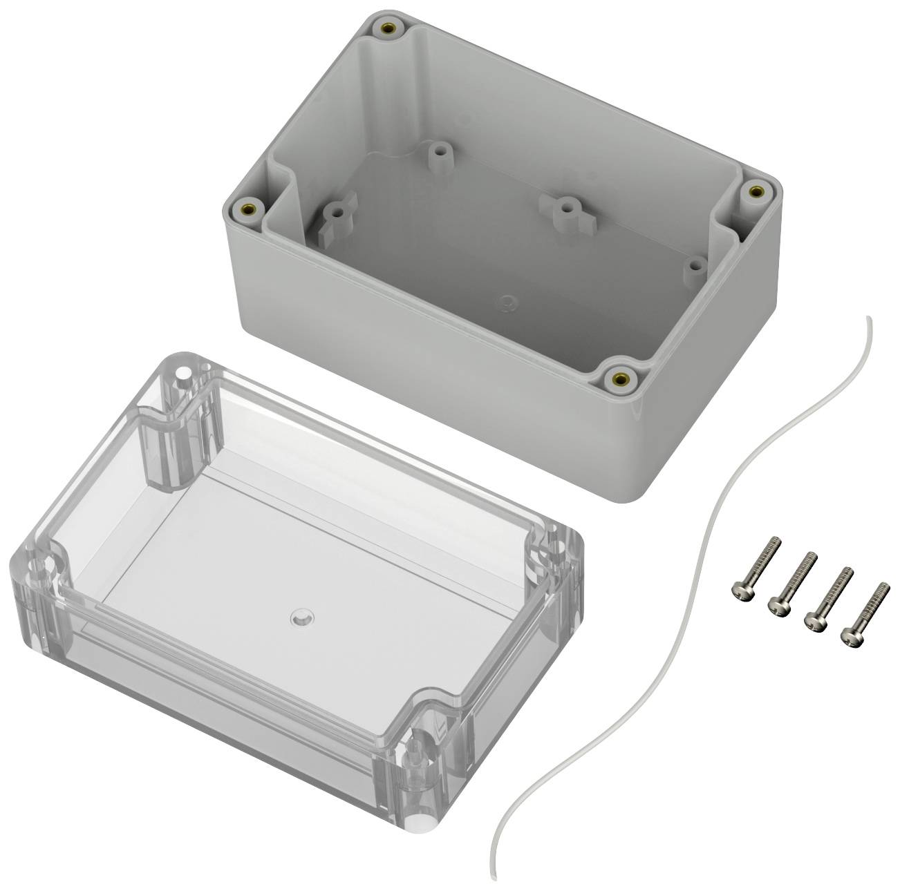 Ein transparenter Kunststoffbehälter mit abnehmbarem Deckel, vier Schrauben und einem weißen Kabel. Ideal zur Aufbewahrung von Elektronikbauteilen.