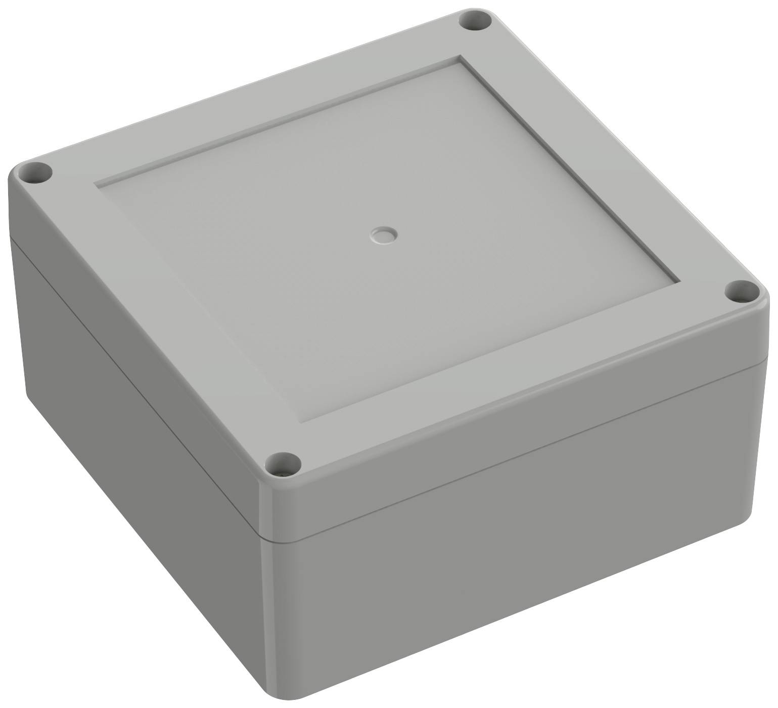Graues, quadratisches Gehäuse mit abnehmbarer Abdeckung und vier Eckschrauben. Geeignet für technische oder elektrische Installationen.