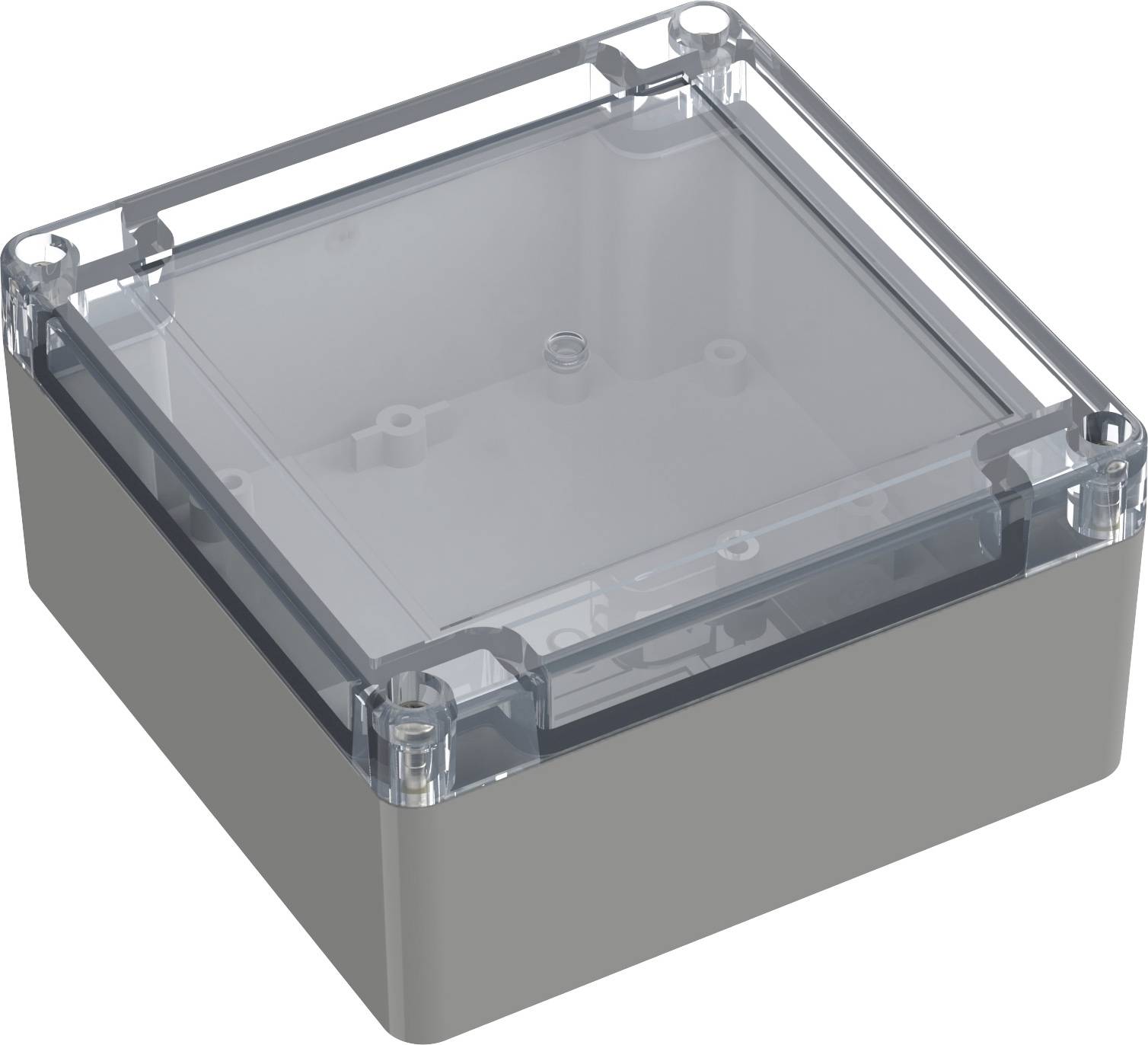 Grau-transparente Plastikbox mit vier Schraubenlöchern an den Ecken zur einfachen Wandmontage.