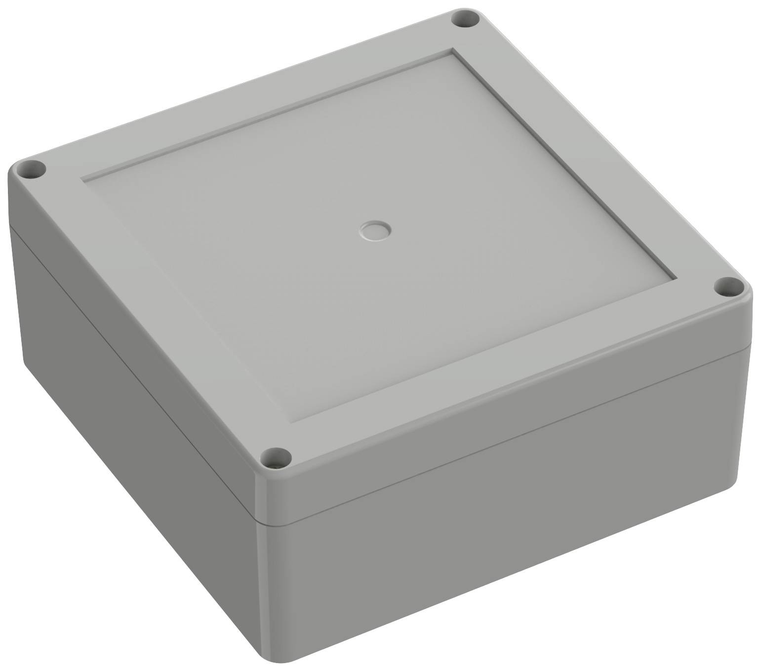Graues, quadratisches Kunststoffgehäuse mit abgeschrägten Kanten und vier Schraubenlöchern an den Ecken, möglicherweise für elektronische Bauteile.