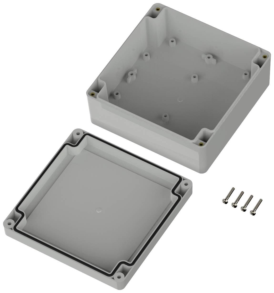 Gehäusekasten aus Kunststoff, besteht aus zwei Teilen; Deckel und Basis, inklusive vier Schrauben. Geeignet zur Montage von Elektronik.