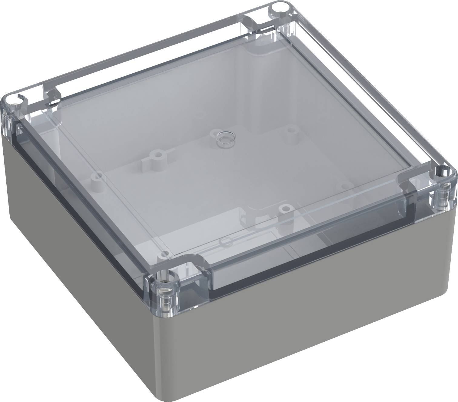 Leeres graues Kunststoffgehäuse mit transparenter Abdeckung, geeignet für elektrische oder elektronische Komponenten.