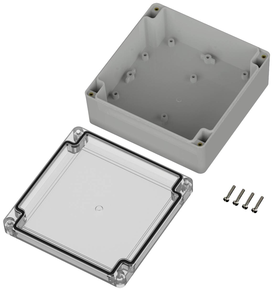 Gehäuse aus Kunststoff in zwei Teilen: Basisteil und transparenter Deckel, daneben vier Schrauben zur Befestigung. Geeignet für Elektronik.