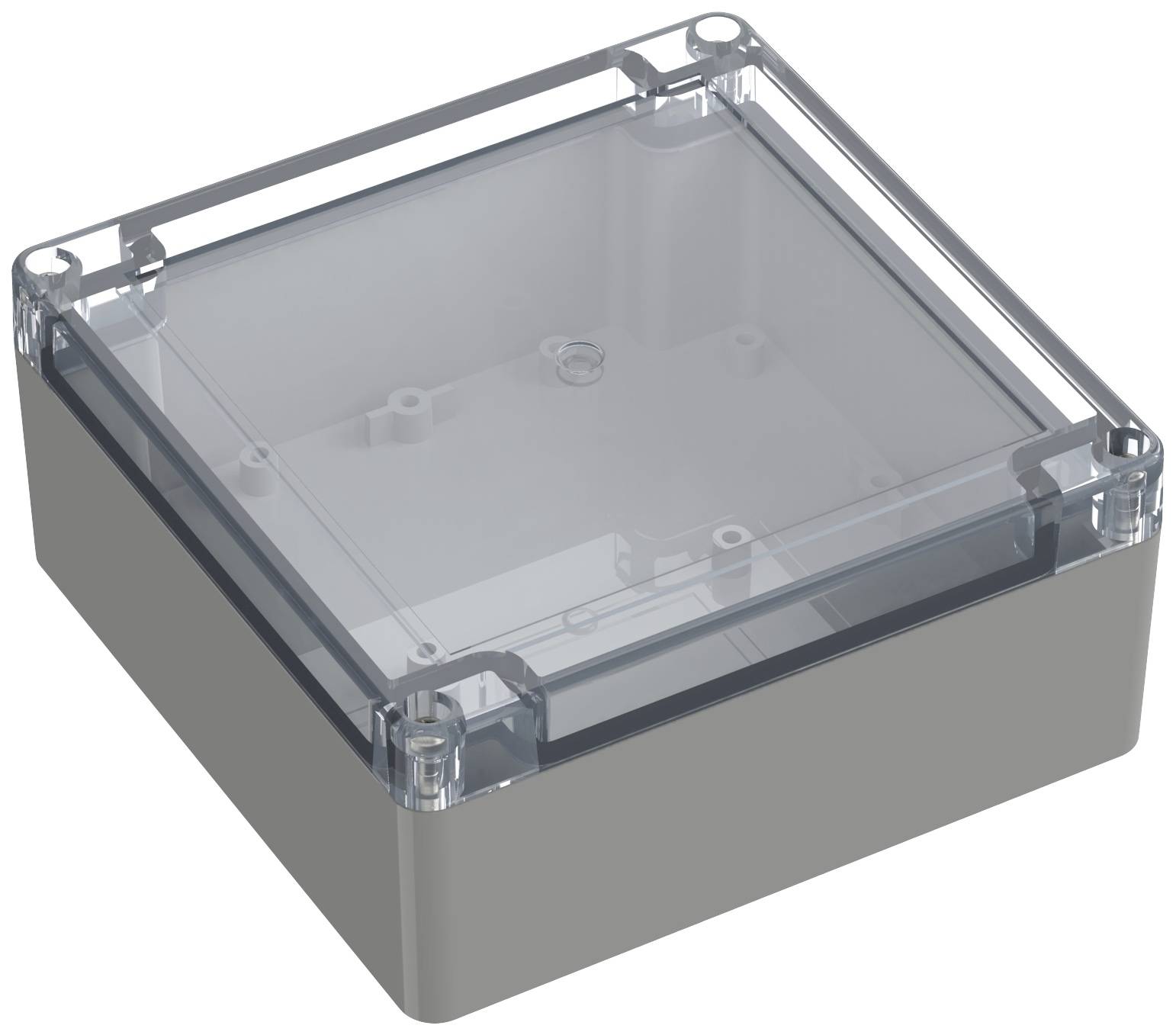 Gehäuse aus Kunststoff, rechteckig, mit transparentem Deckel. Geeignet für den Schutz elektrischer Komponenten vor äußeren Einflüssen.