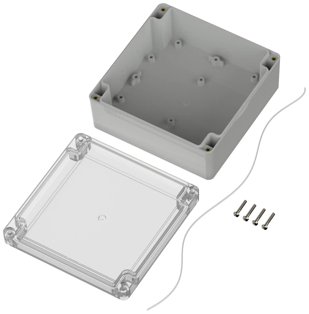 Gehäusekasten in zwei Teilen: eine graue Basis und ein durchsichtiger Deckel, mit vier Schrauben und einem Kabel zur Montage.