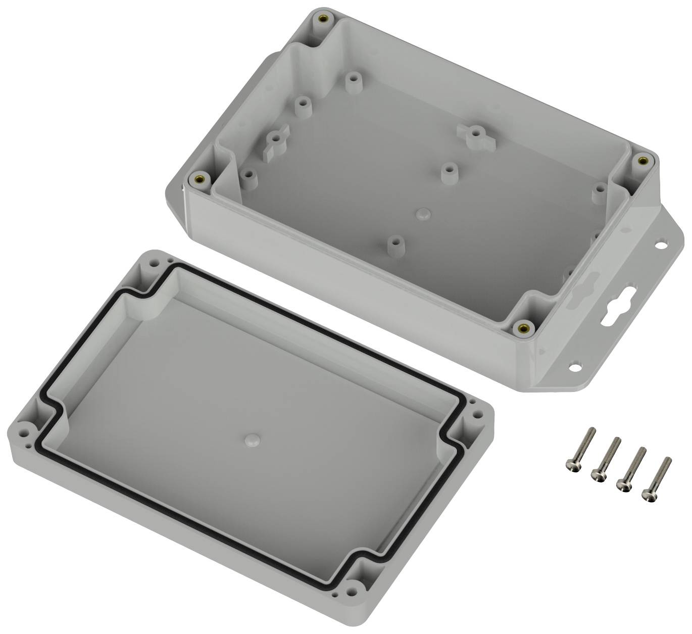 Gehäusekasten mit abgeschraubtem Deckel, beige Farbe, vier Schrauben daneben. Geeignet für elektronische Geräte oder Verkabelung.