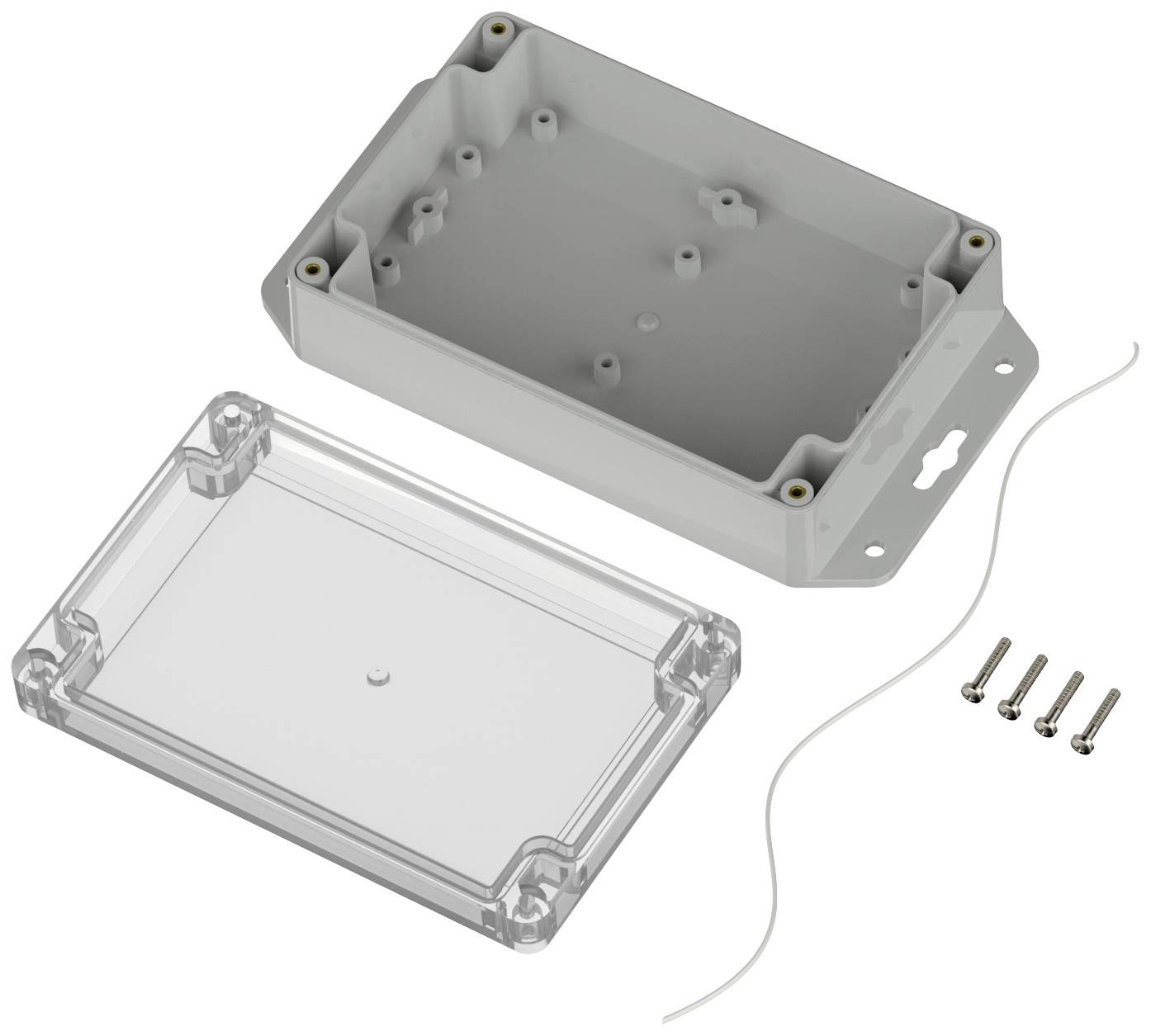 Gehäuse mit transparentem Deckel, vier Schrauben und Dichtungsschnur; für Elektronikbauteile geeignet.