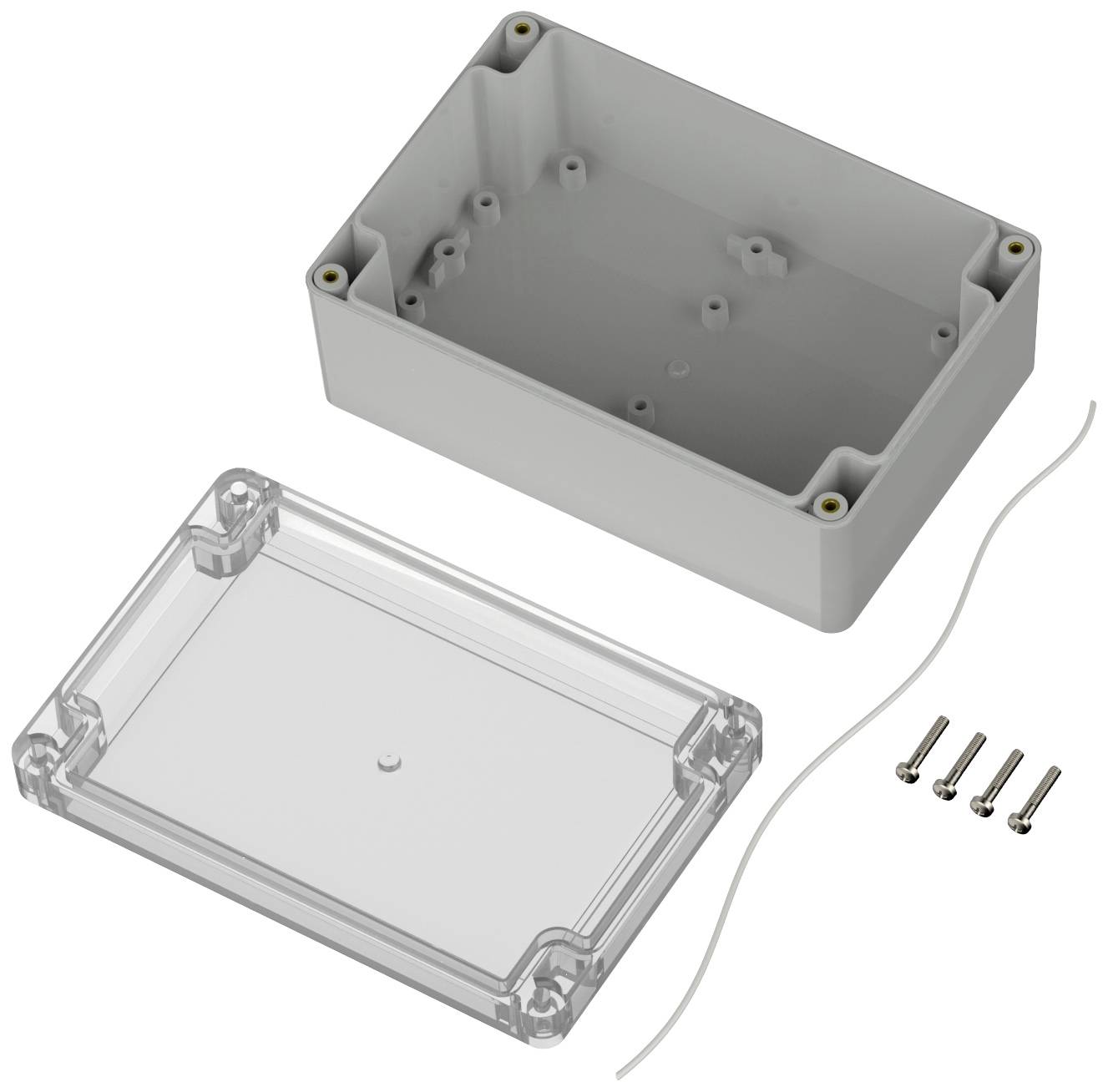 Eine rechteckige graue Plastikbox mit abnehmbarem, durchsichtigen Deckel und zugehörigen Schrauben zur Montage.