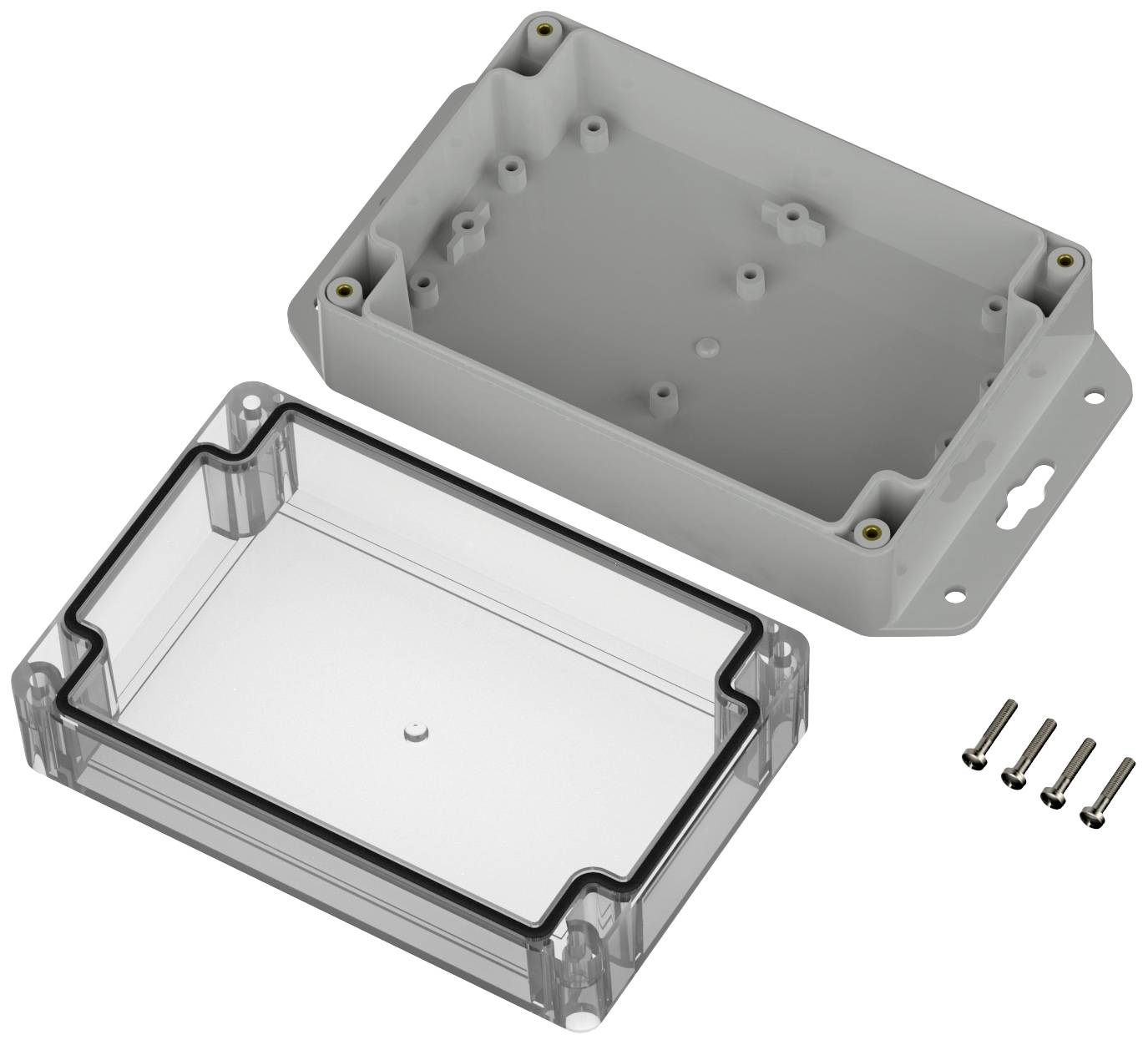 Plastikbox mit abnehmbarem, transparentem Deckel, vier Schrauben daneben. Potenzial für elektronische Komponenten.