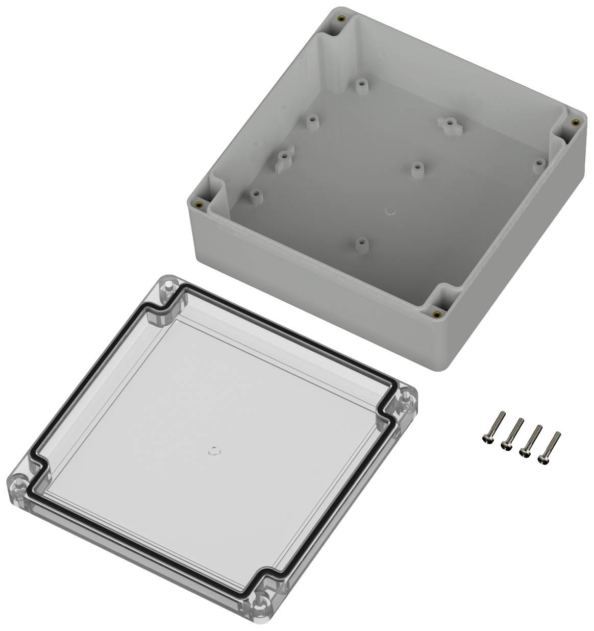 Graues Elektronikgehäuse mit transparentem Deckel und vier Schrauben; geeignet für elektronische Komponenten.