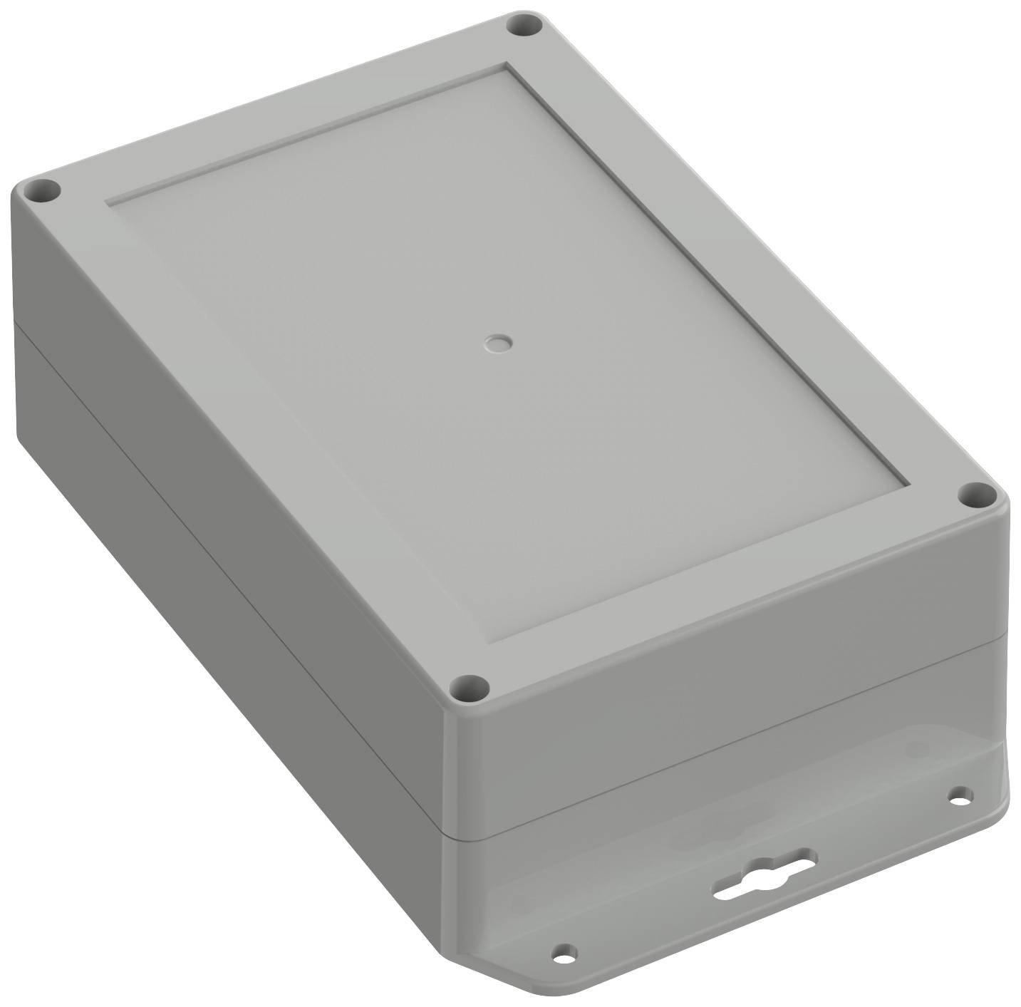 Graues rechteckiges Kunststoffgehäuse mit abnehmbarer Abdeckung und vier Schraubenlöchern an den Ecken, für Elektronikkomponenten geeignet.