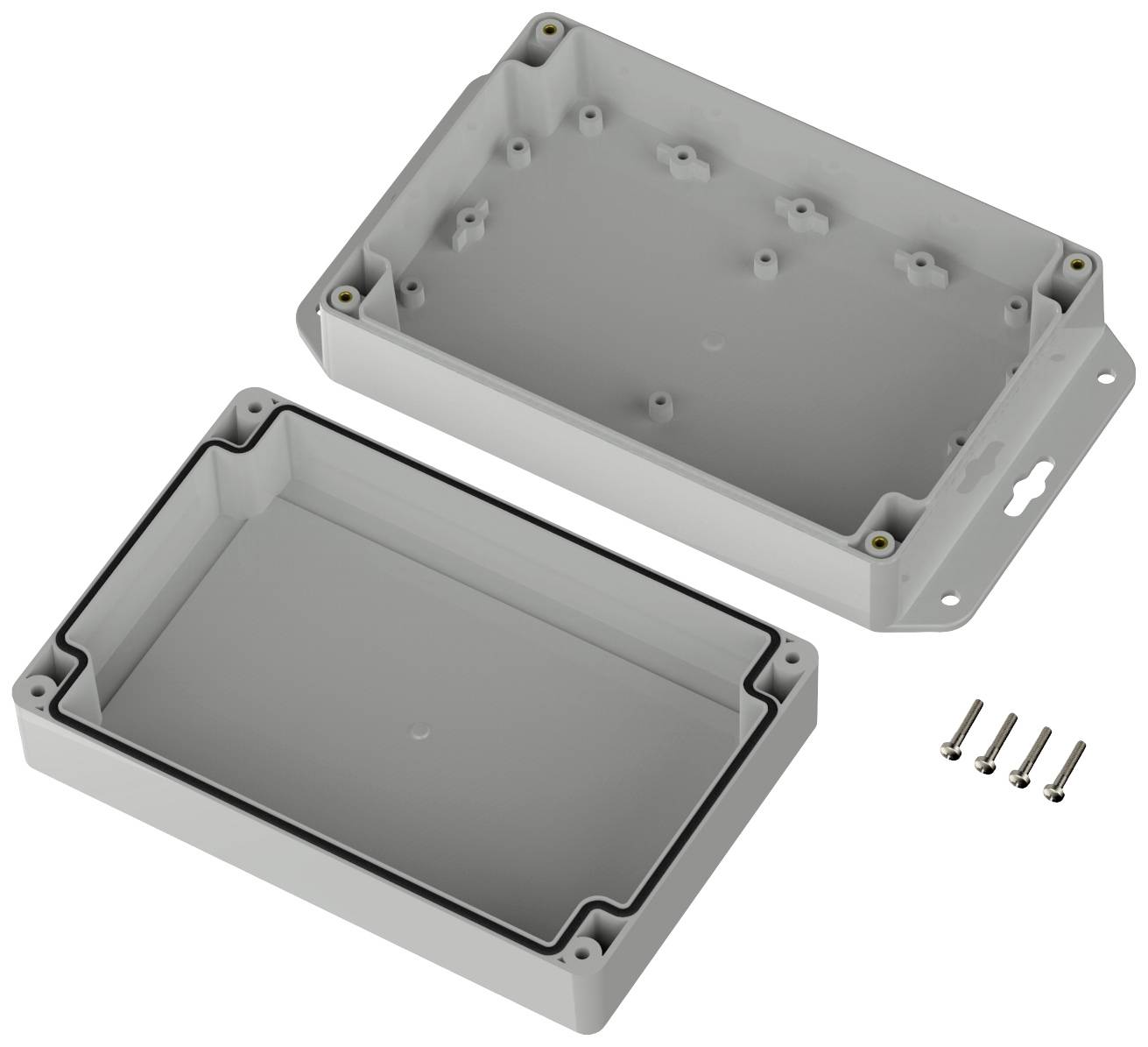 Offenes graues Kunststoffgehäuse mit abnehmbarer Abdeckung und sechs Schraubenlöchern, daneben liegen vier Schrauben.