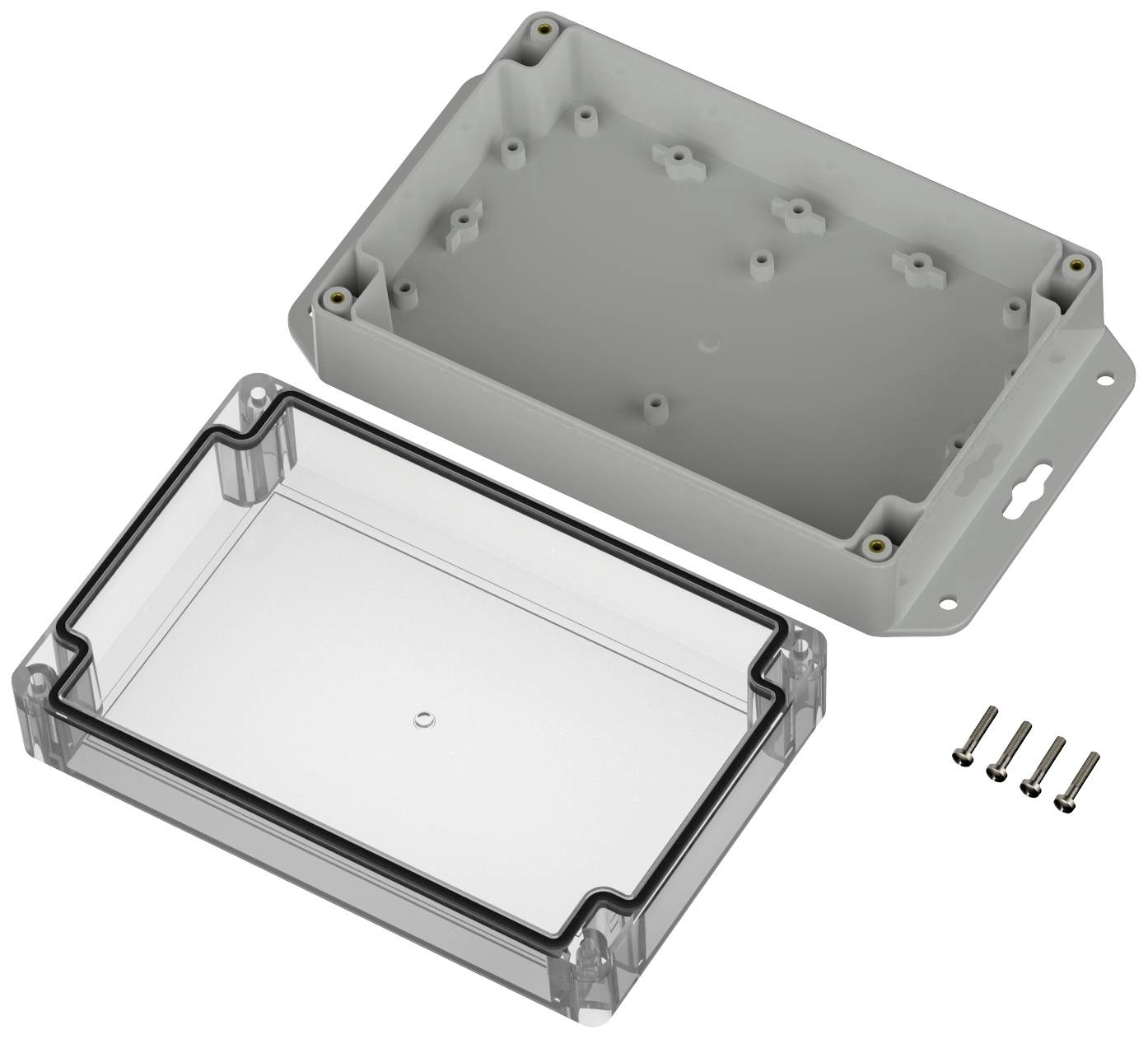 Transparente Kunststoffbox mit abnehmbarem Deckel und Dichtungsring, geeignet für Elektronikprojekte. Vier Schrauben daneben.
