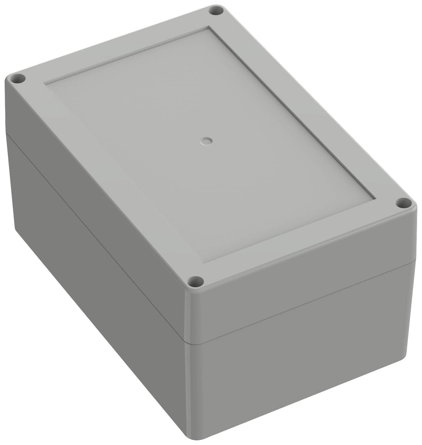 Graues, rechteckiges Gehäuse mit abgerundeten Ecken und Löchern in den Ecken des Deckels. Es ist für elektronische Bauteile vorgesehen.