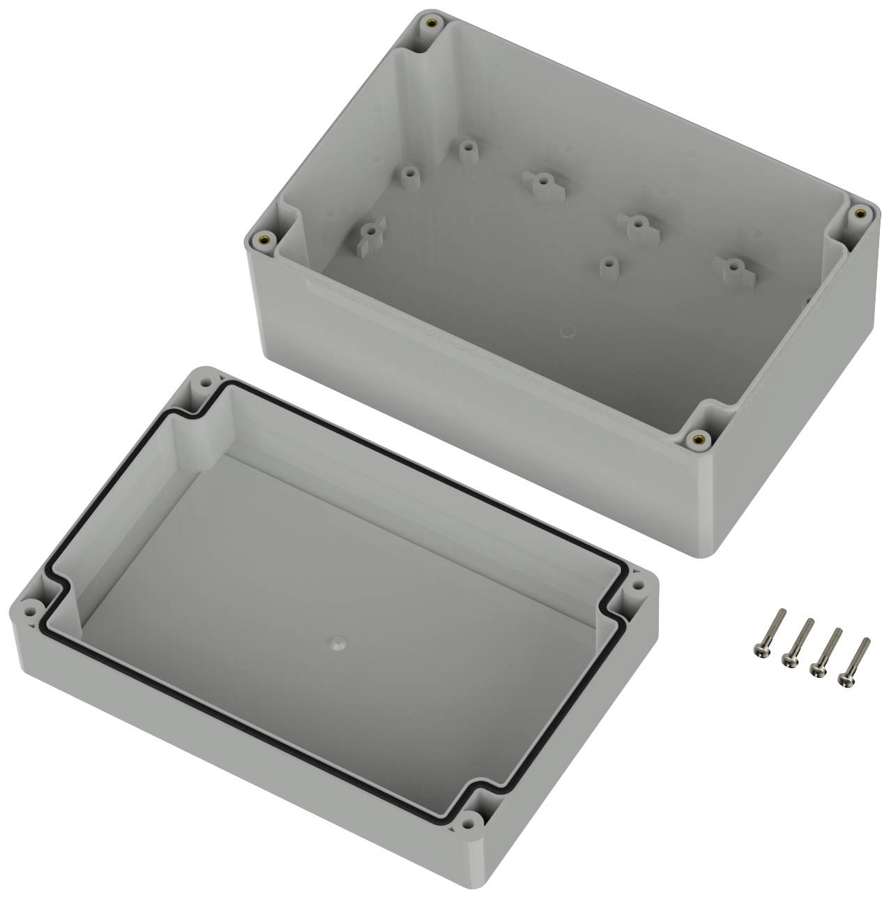 Grau Kunststoffgehäuse, zweiteilig, geöffnet, mit vier Schrauben. Geeignet für Elektronikmontage oder Schutz von Komponenten.