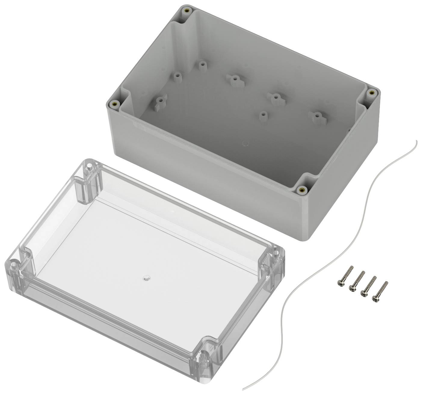Gehäuse-Set mit grauem Kasten, abnehmbarer transparenter Abdeckung, vier Schrauben und Dichtung, für Elektronik-Anwendungen.