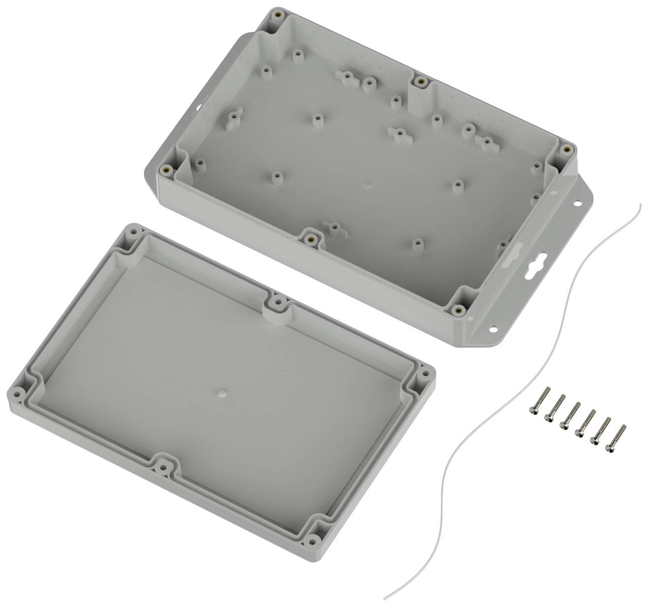 Gehäuse aus grauem Kunststoff mit abnehmbarer Abdeckung, Schrauben und Dichtungsschnur. Geeignet für elektronische Bauteile.