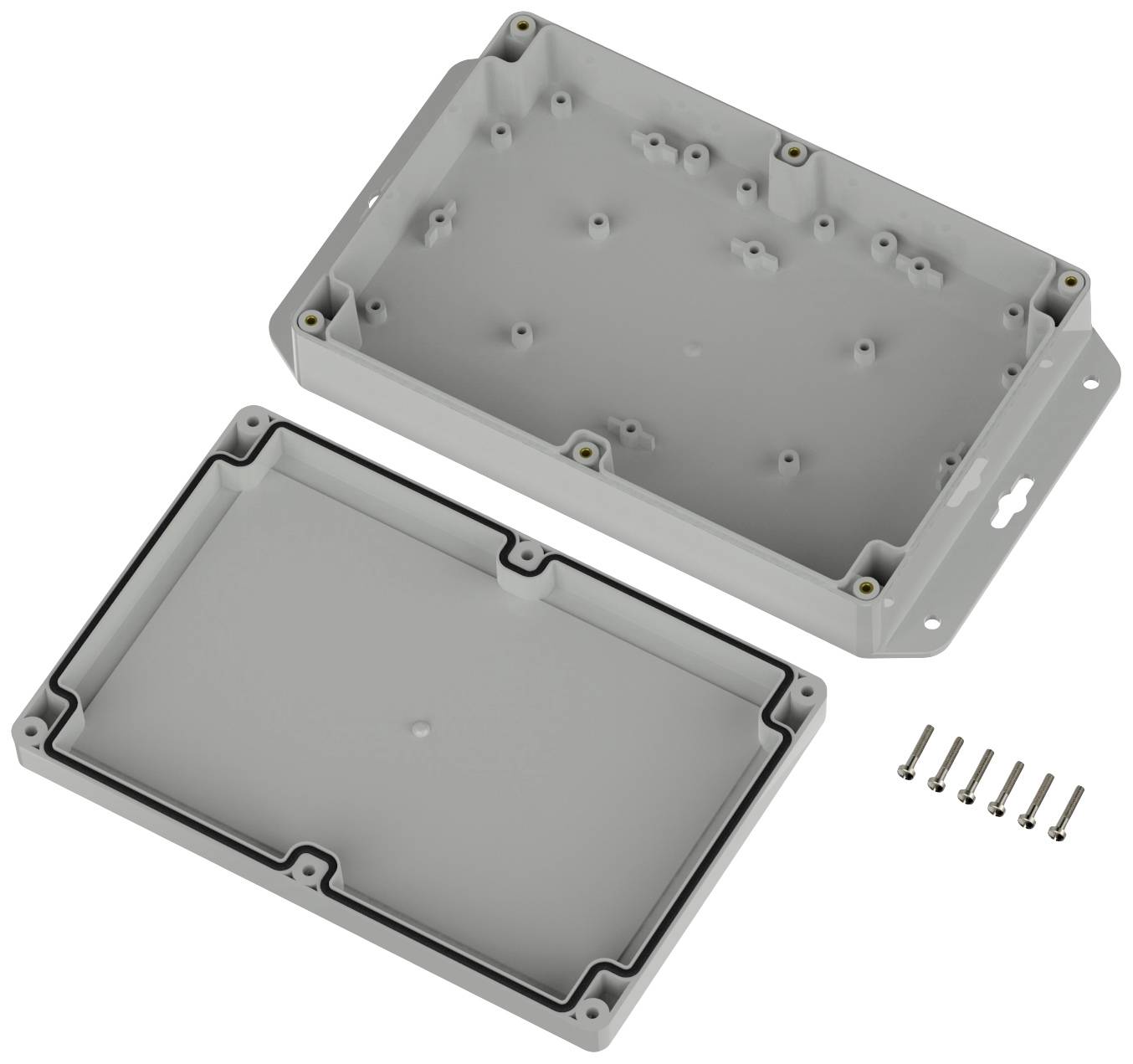 Graues rechteckiges Kunststoffgehäuse, geöffnet gezeigt in zwei Teilen, mit sechs Schrauben daneben.