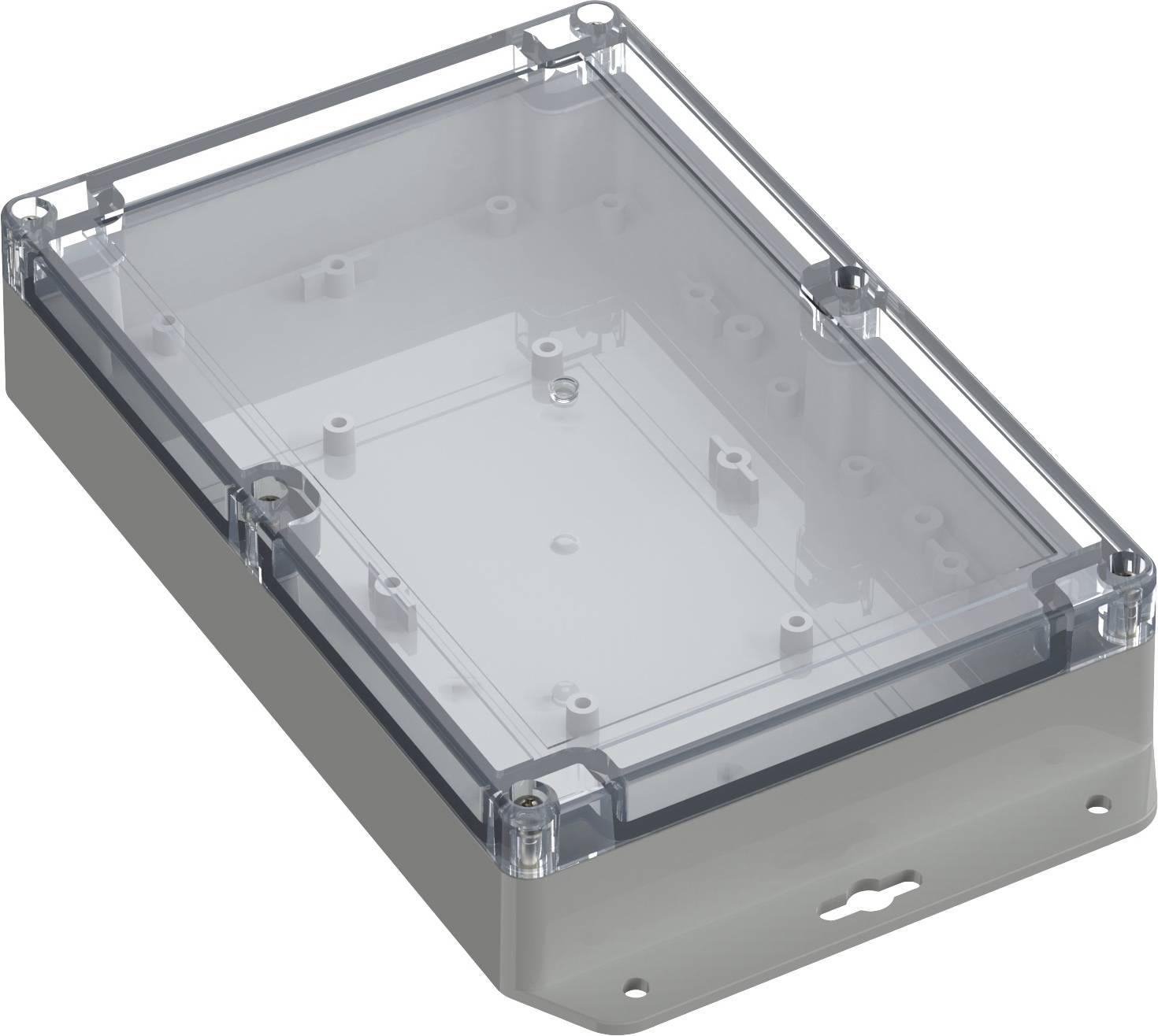 Ein transparentes Kunststoffgehäuse mit rechteckiger Form und Schraubenlöchern, geeignet für elektronische Bauteile oder Verkabelung.